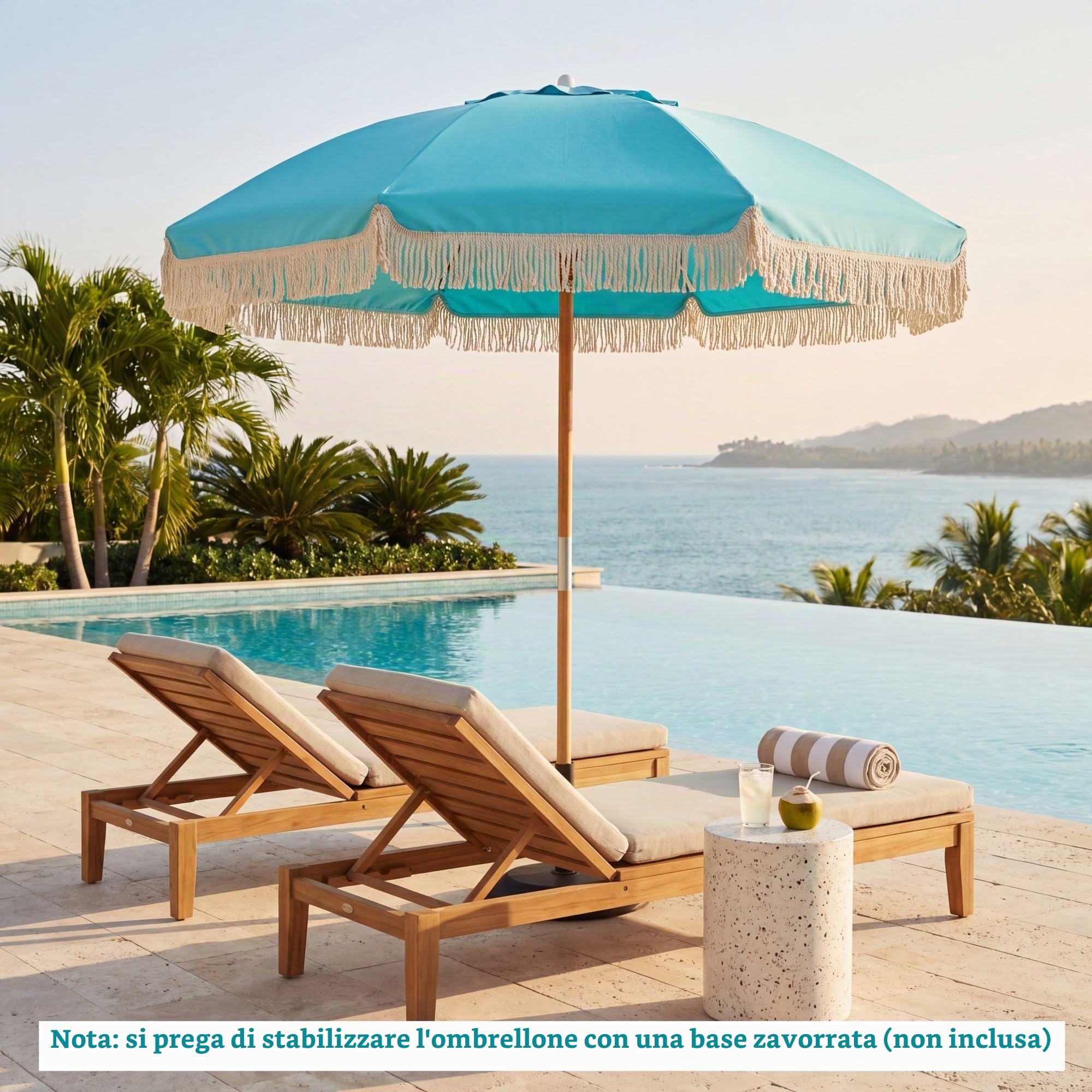 KOMFOTTEU Ombrellone da spiaggia 170 cm, ombrellone rotondo con bastone di legno, ombrellone terrazza esterna inclinabile a 30° con 8 aste e doppio strato ventilato, per giardino, balcone