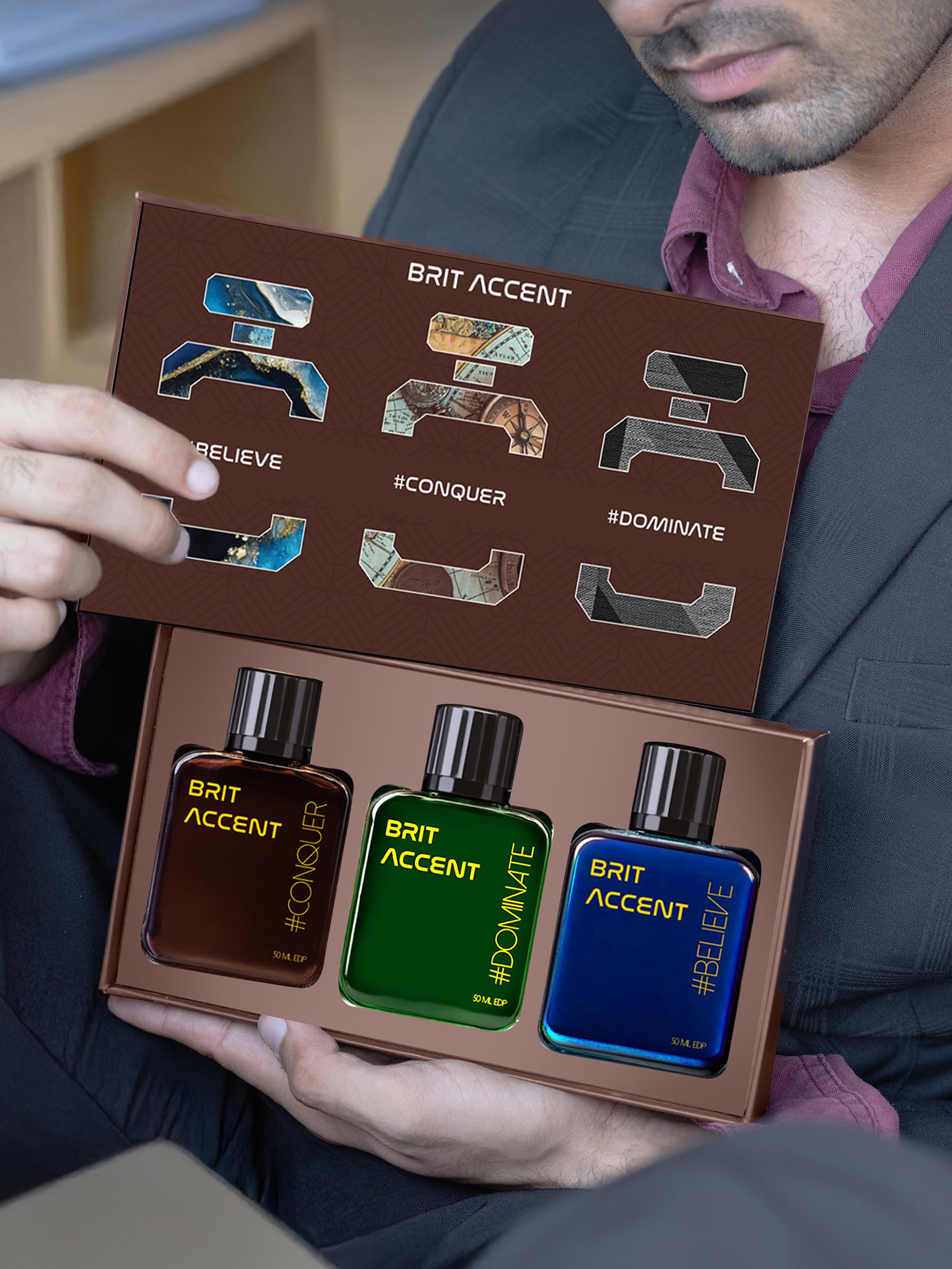 BRIT ACCENT Liquid || Grandeur Premium Collection Gift Set || Pack of 3 X 50 ML || Long-Lasting || #Believe #Conquer,#Dominate, 150ML || Fragrance Set - Parfum for Men || 1
