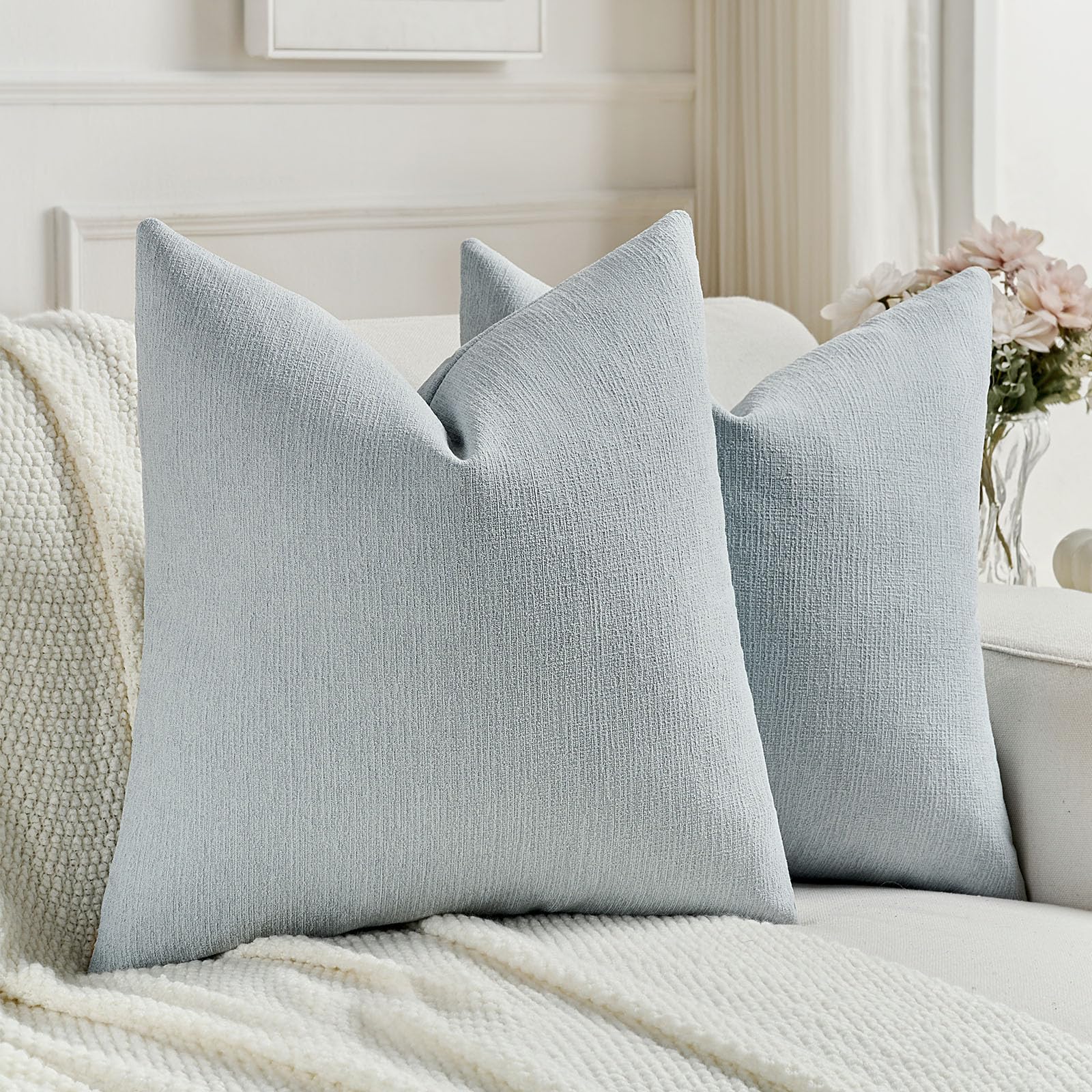FUTEI Set of 2 Soft Chenille 40x40 cm Cushion Covers Textured Natural Faux Linen Scatter Pillow Covers 40 x 40 cm Farmhouse Accent for Sofa Bedroom Living Room, Dusty Blue — image 1