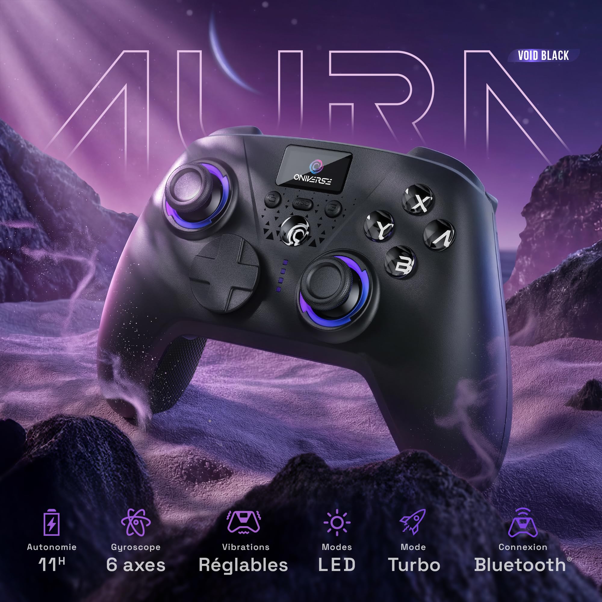 Oniverse Manette sans fil pour Switch 2/Switch/OLED/Lite/PC/Mobile, Écran intégré, Joysticks et gâchettes Hall Effect, 11h, Tactile switch D-pad, Boutons macro arrière mécaniques - Aura (Void Black)