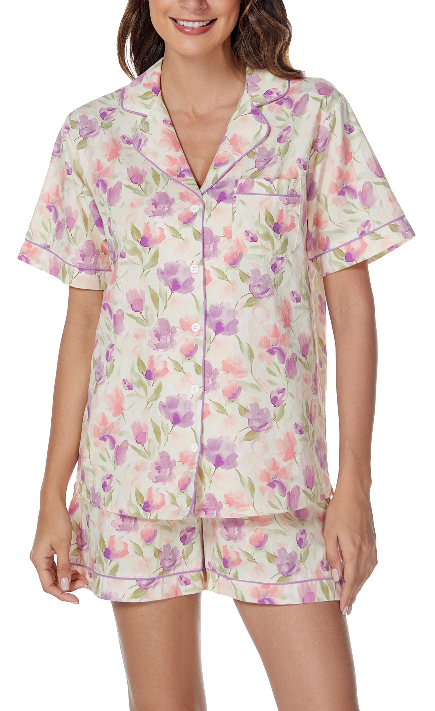 LUBOT 100% Cotton Women's Pajamas Set Button-Down Two-piece PJ Set Short Sleeve Printed Patterned Summer Sleepwear Loungewear (Purple Floral, S)