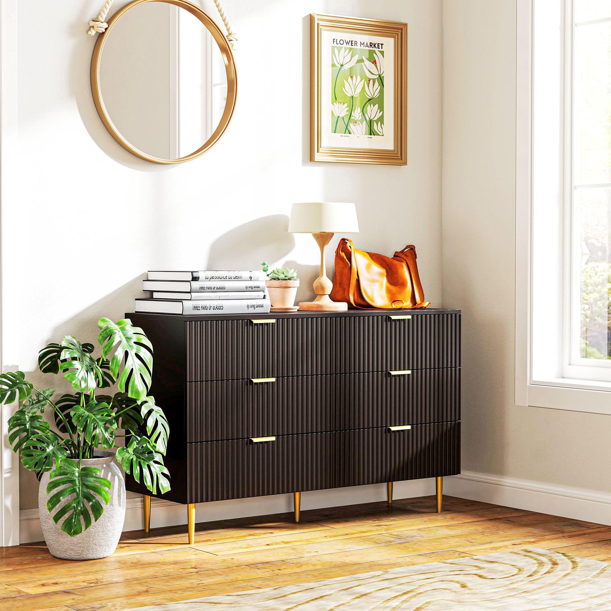 HOMCOM Commode 6 tiroirs Commode Chambre Meuble de Rangement Moderne avec poignées et Pieds dorés, pour Chambre à Coucher, Salon, dim. 120 x 40 x 76,5 cm, Noir