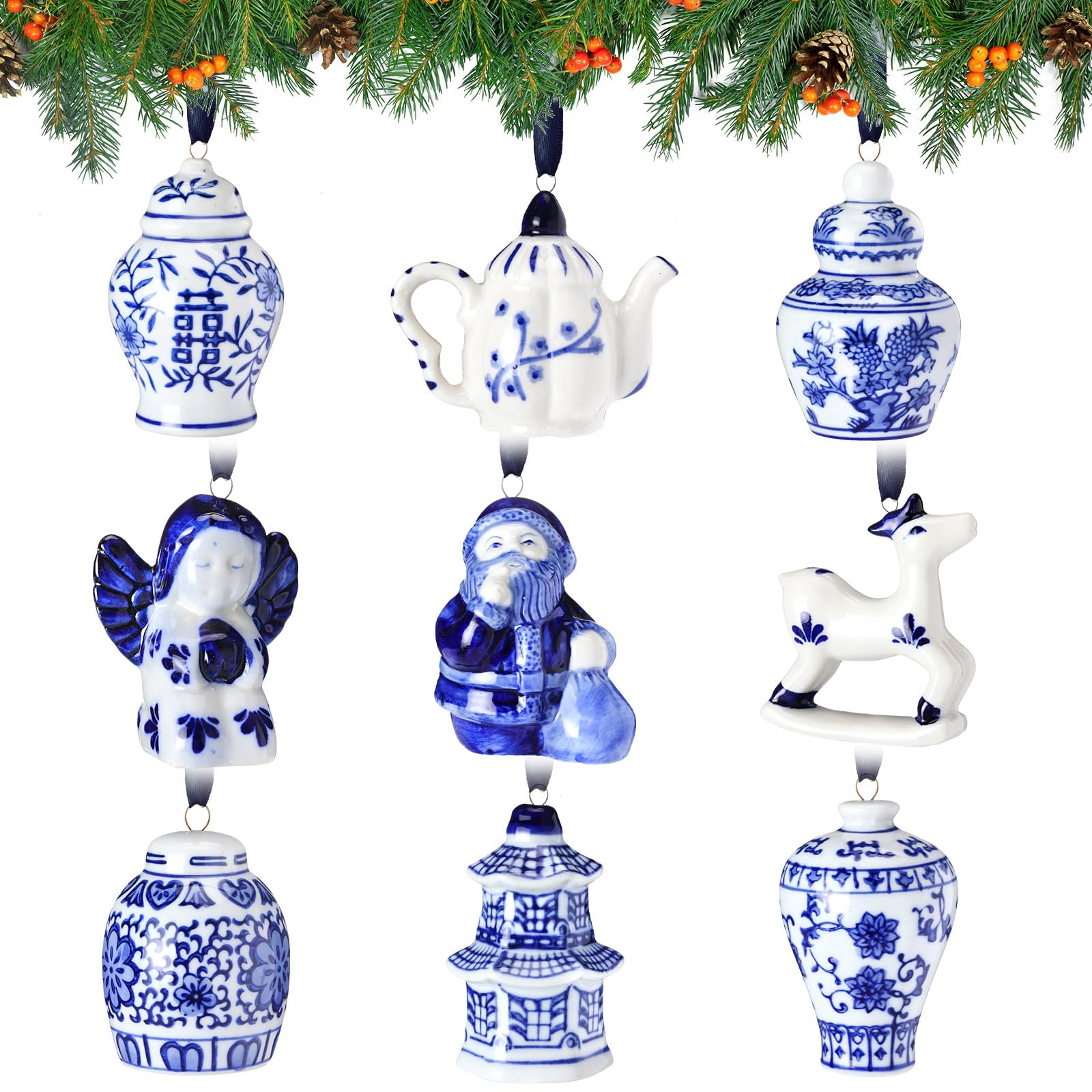 Crowye9 Pcs Chinoiserie Porcelain Christmas Ornaments Blue and White Christmas Decorations Mini Chinoiserie Porcelain Ginger Jar Christmas Tree Decor Vintage Christmas Decoration(Ginger Jar)