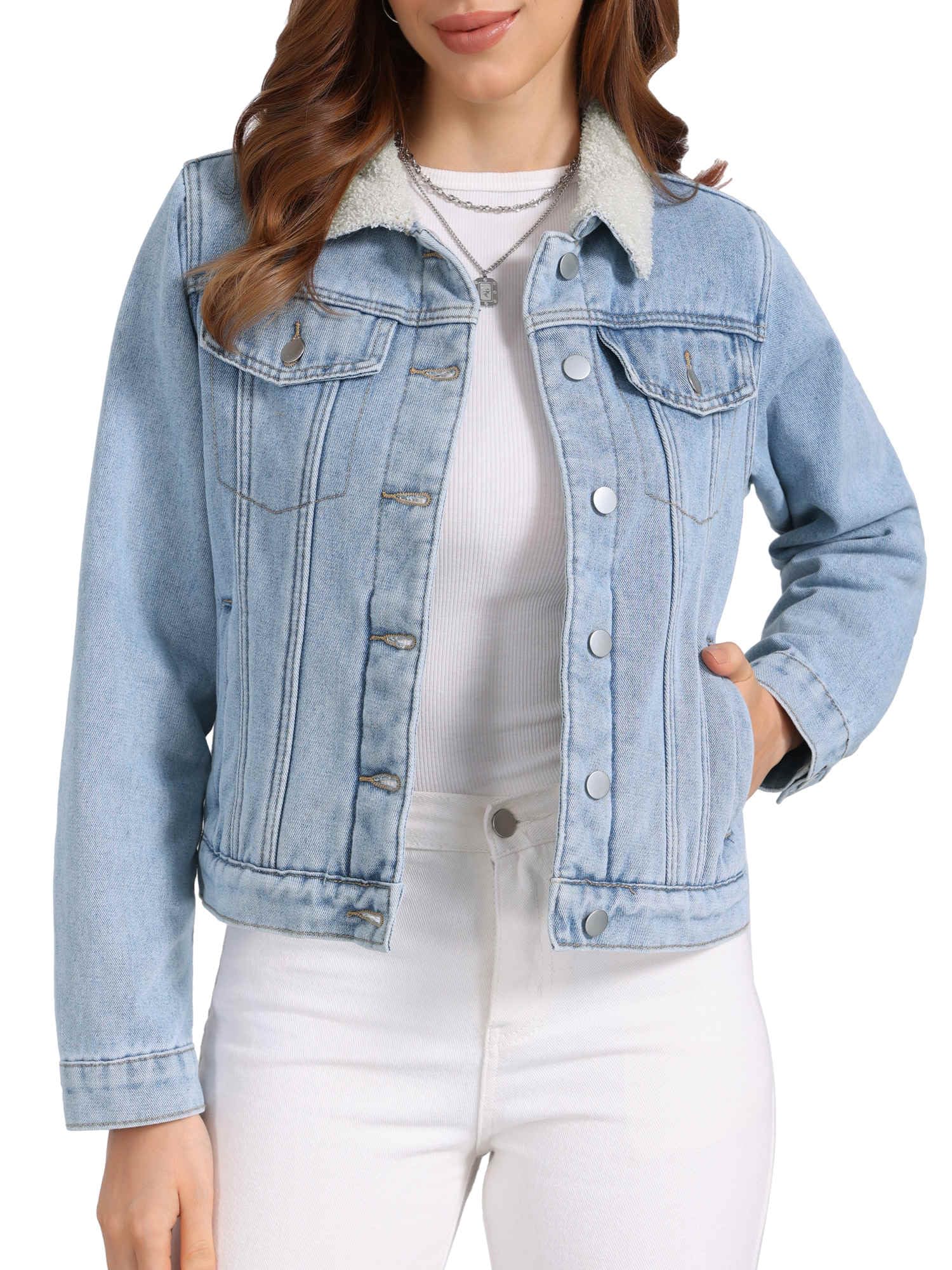 Allegra K Chaqueta Vaquera con Forro Polar para Mujer Abrigo Vaquero Cálido de Piel Sintética con Cuello Chaquetas de Camionero