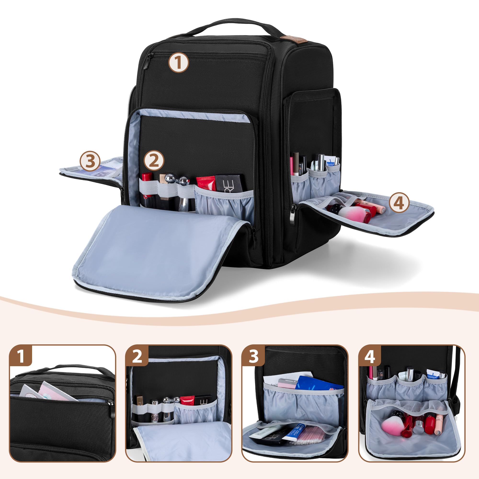 BAFASO Borsa per Cosmetici Zaino, Borsa per il Trucco da Viaggio con Spazio | con 4 Tasche Interne Rimovibili e 1 Borsa per Pennelli per Trucco,(Solo Borsa)