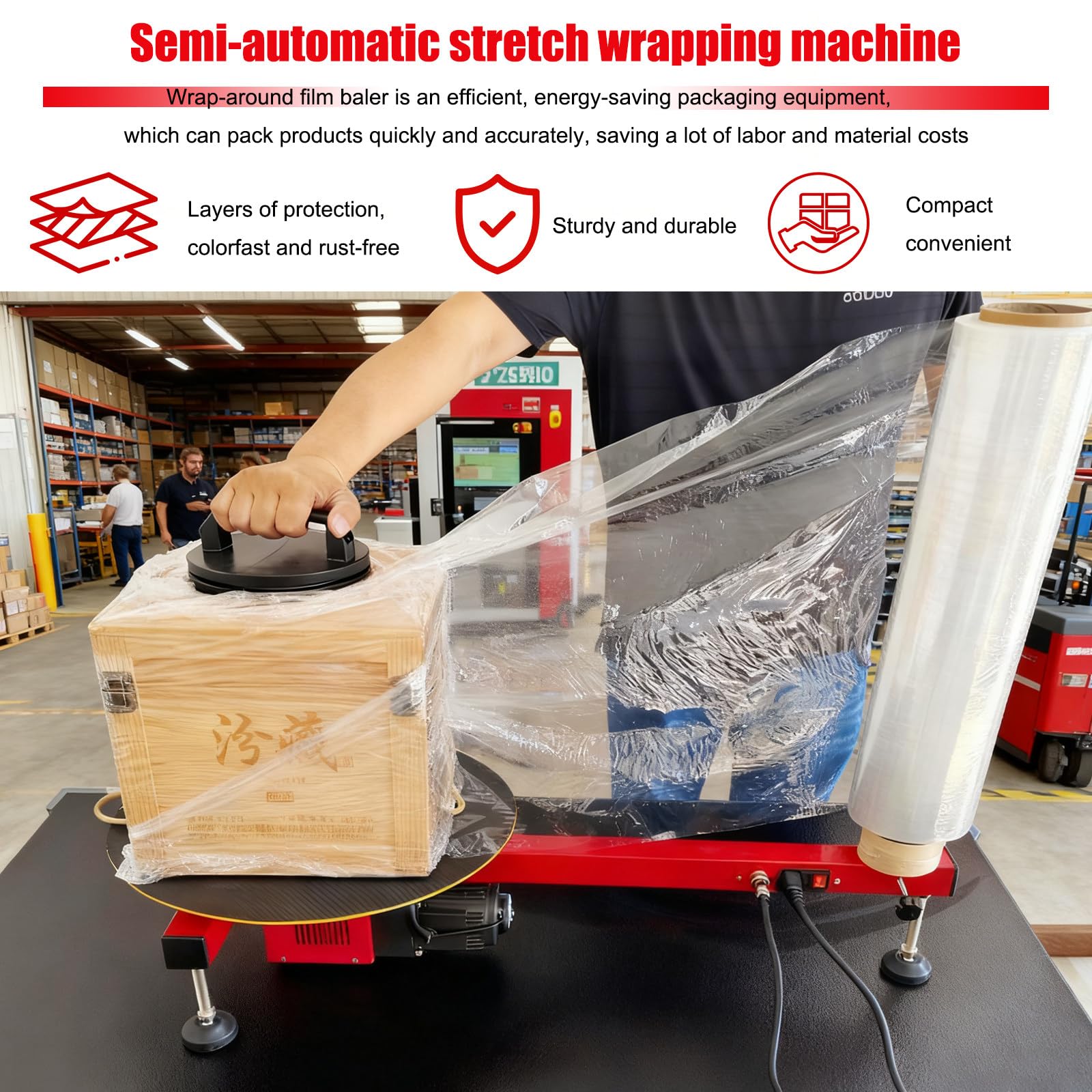 Empacadora con Dispensador De Film Estirable, Plato Giratorio para Palets con Diámetro de 40 Cm, Compatible con Film de hasta 70 Cm de Ancho para Paquetes, Cajas No-stretch-film-220V
