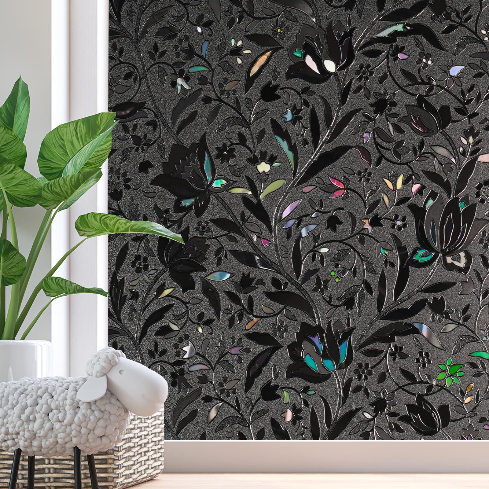 Zindoo Black Tulip Privacy Window Film, Non-Adhesive Decorative Anti-UV Frosted Film for Office Bathroom, Bedroom