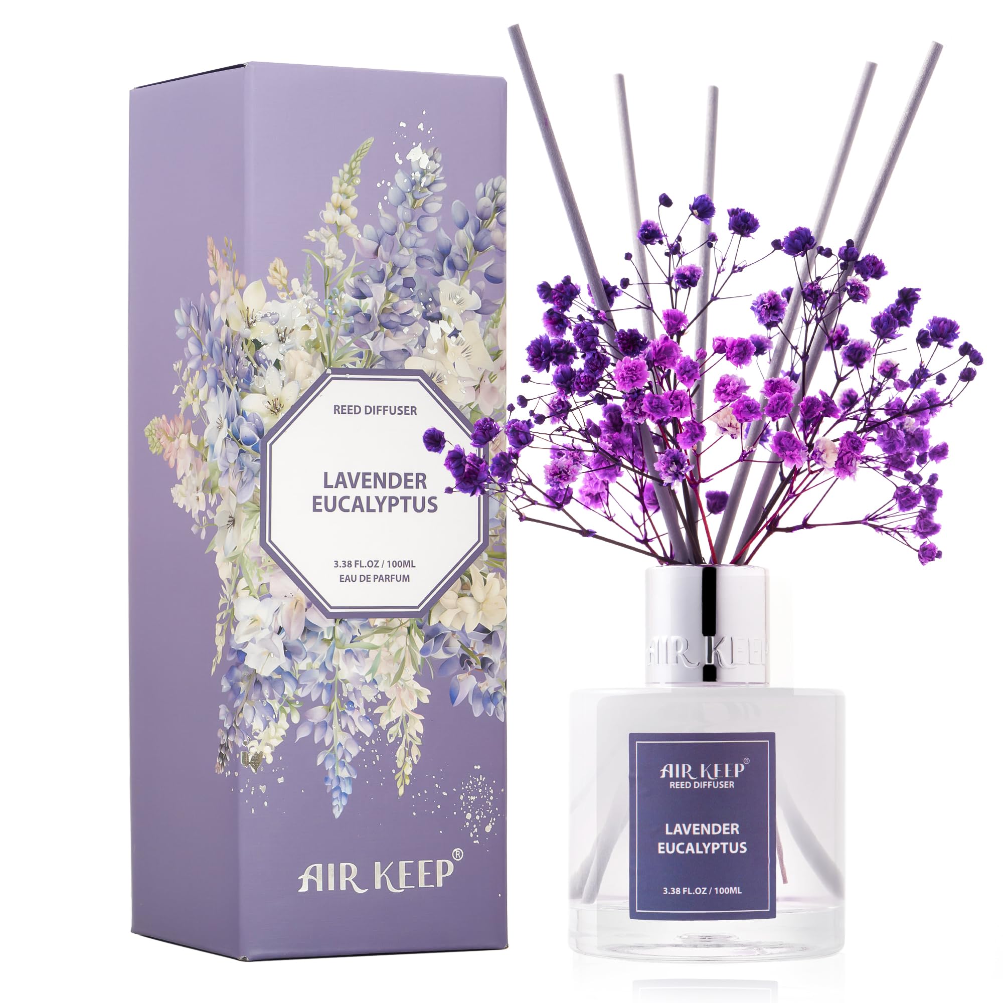Airkeep Reed Diffuser Set,3.38 fl oz (100 ml) - Lavender Eucalyptus Oil Diffusers with 8 Reed Sticks, Home Fragrance Reed Diffuser for Bathroom Shelf Decor