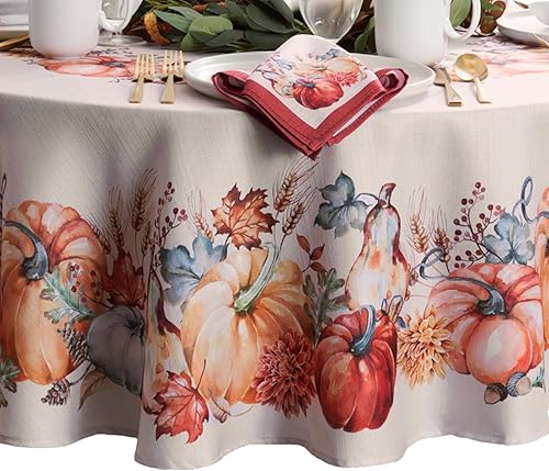 Elrene Home Fashions - Mantel resistente a las arrugas, diseño de calabaza de cosecha botánica, 70 pulgadas, redondo