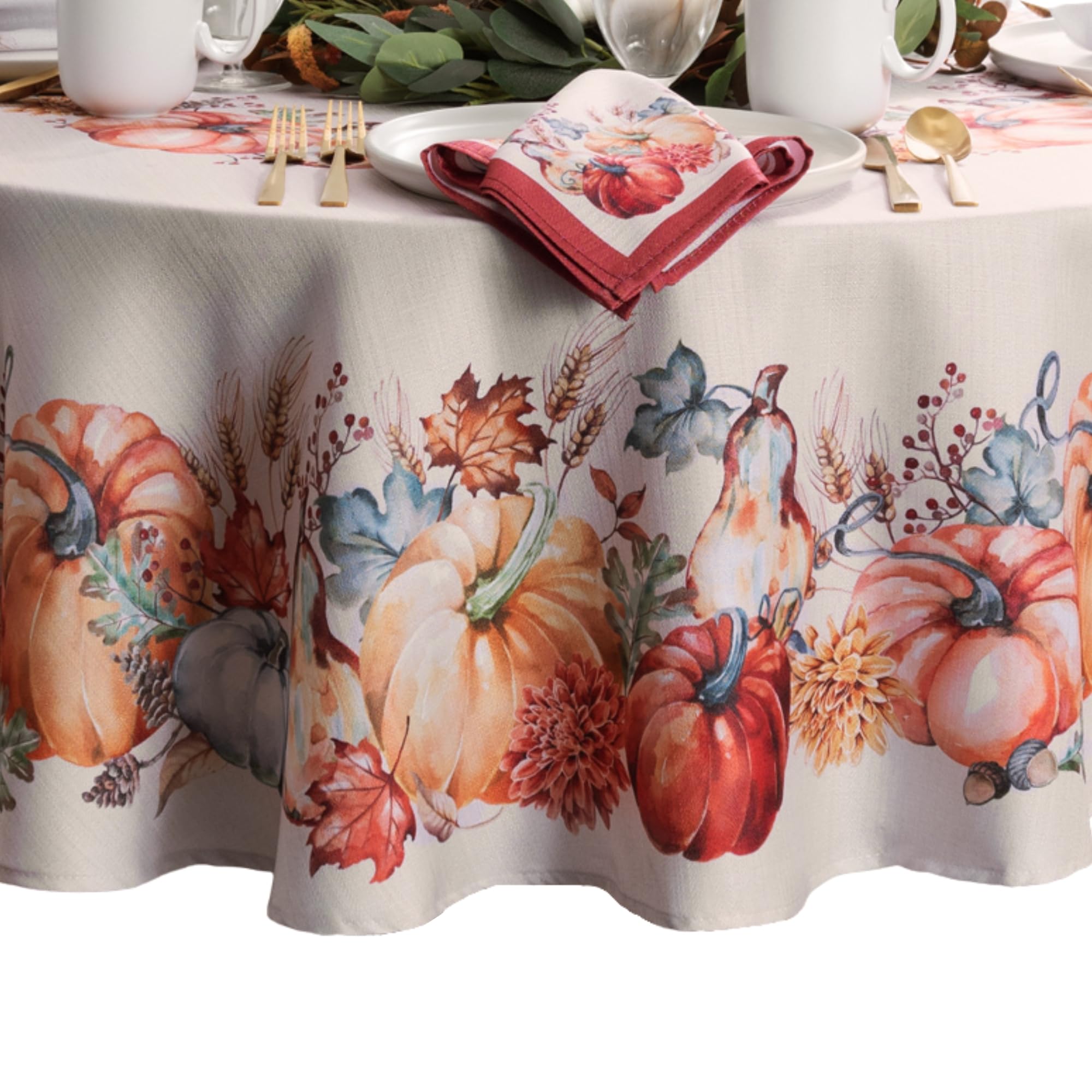 Elrene Home Fashions Botanical Harvest Pumpkin Engineered Tablecloth, 70" Round