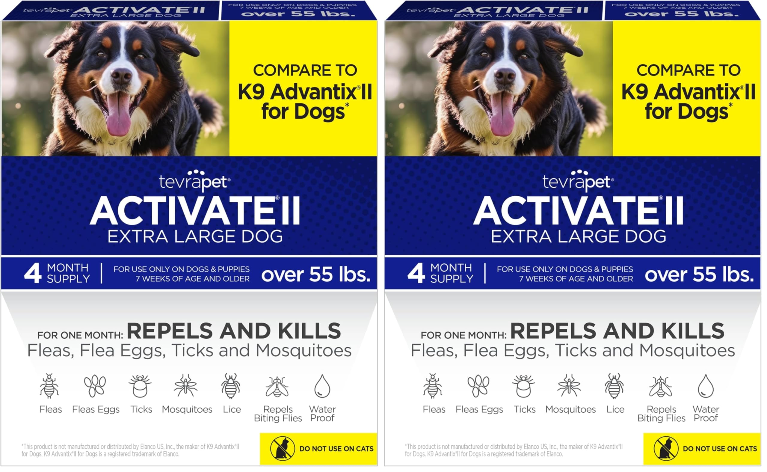 TevraPet Activate II Flea and Tick Prevention for Dogs | 4 Count | Extra Large Dogs 55+ lbs | Topical Drops | 4 Months Flea Treatment (Pack of 2)