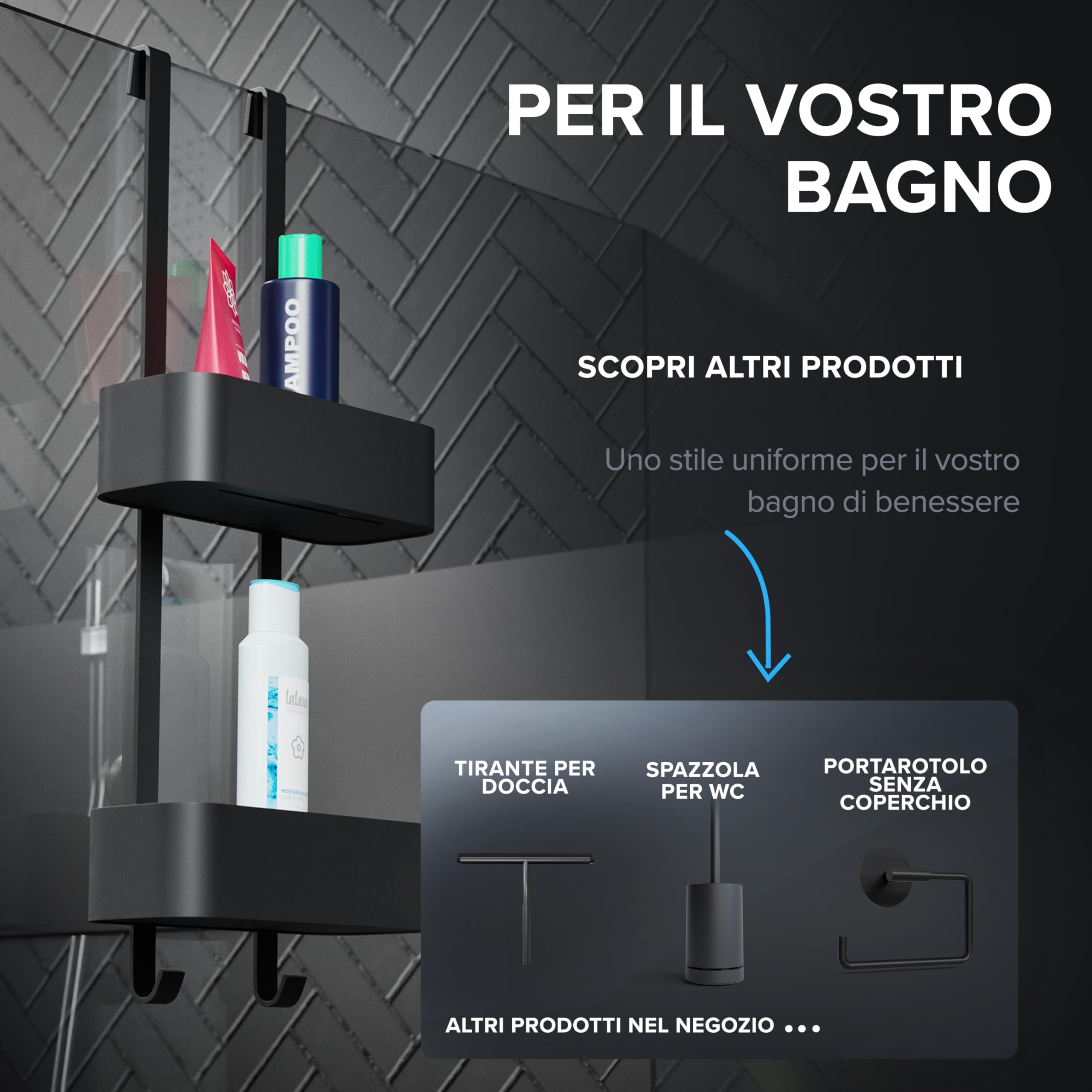 Bleikoya Mensola Doccia Senza Fori - Cestino 2 Ripiani In Alluminio Nero, Organizer Da Bagno Da Appendere Con Ganci