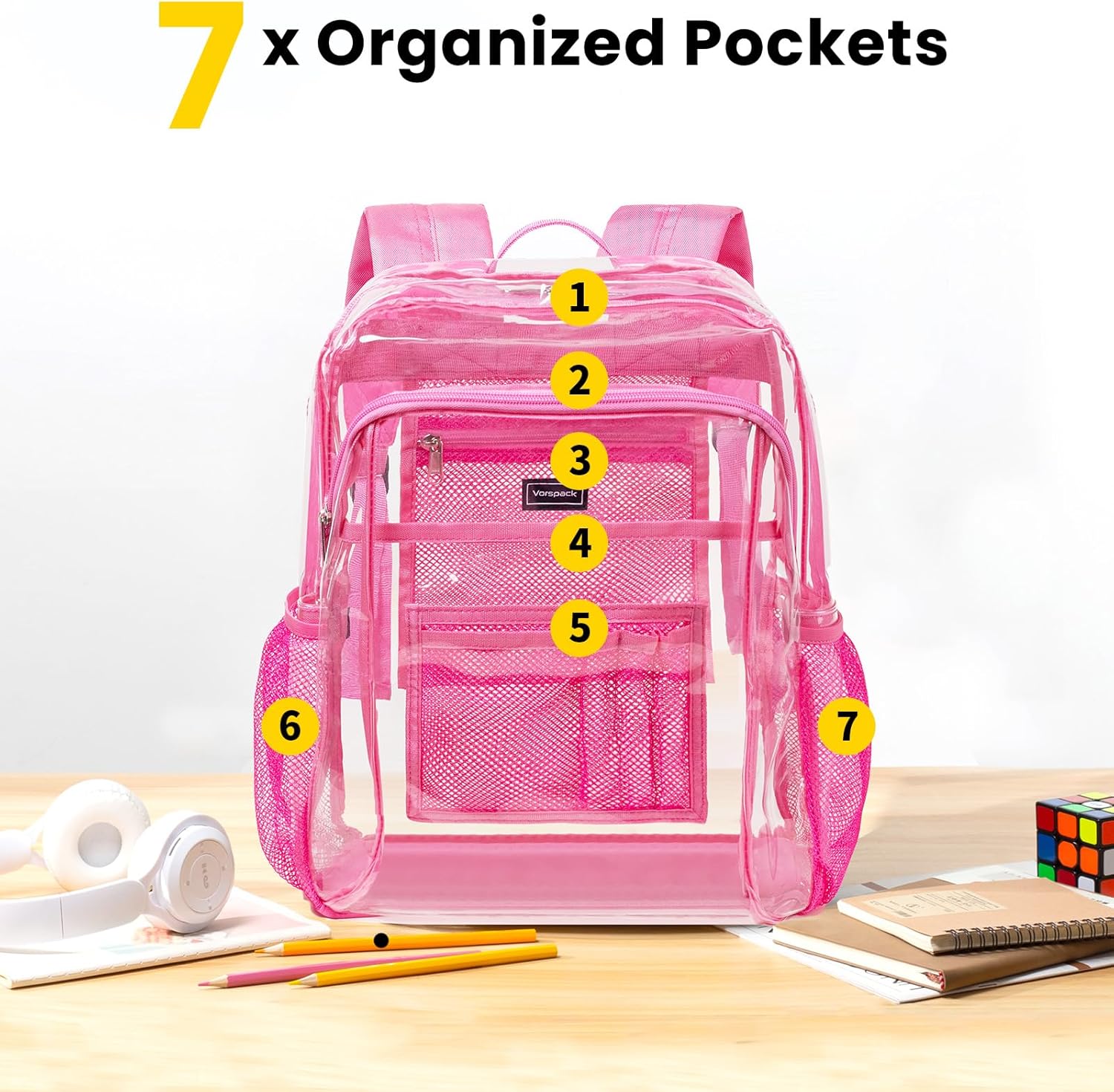 Vorspack Clear Backpack Heavy Duty - Clear Book Bag with Multi-pockets Large See Through Backpack for College Workplace - Pink - Image 4