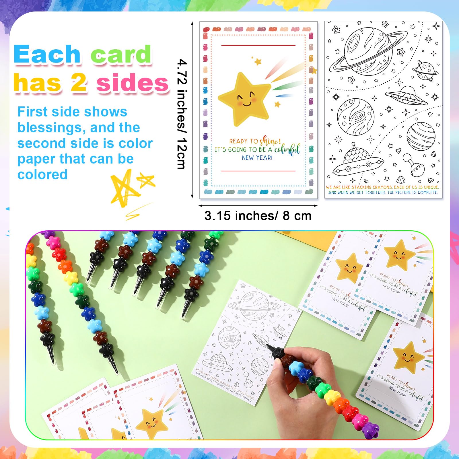 Sayglossy Stapelbare Buntstifte in 12 Farben und doppelseitiger Malkarte, 2025, Geschenk für Schüler, Geschenk für Lehrer, Großpackung für Schule, Klassenzimmer, 24 Sets