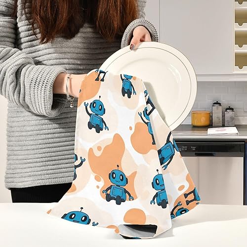Miniatura 6 de Cute Blue Cartoon Robots Kitchen Towels and Dishcloths Sets, 28x18 Decorative Cooking Towels