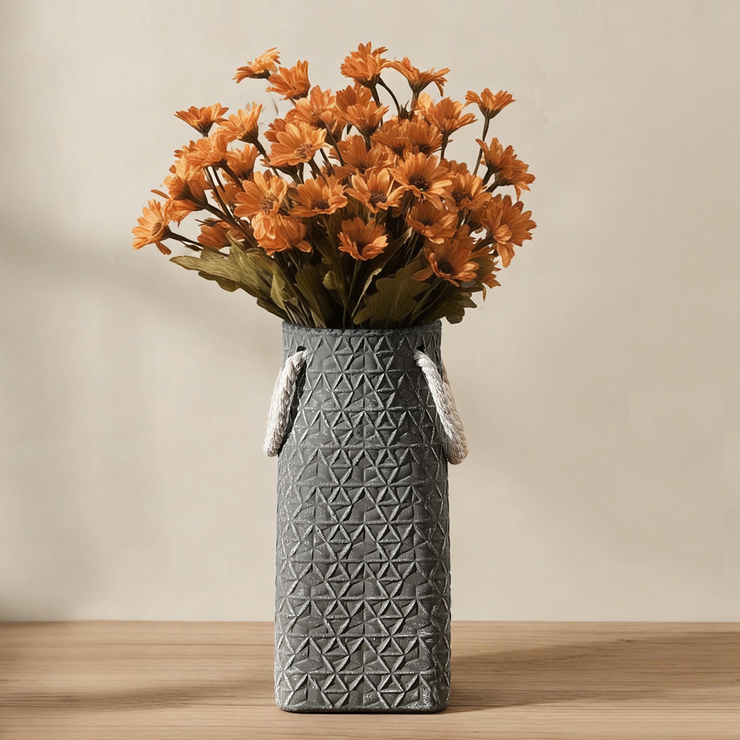 Vaseking Petite Vase 8.66 inch Ceramic Modern Minimalism Geometric Texture | Purse Vase with Hanging Rope Hanging Rope, Creative Tote Bag Vases for Home Decor, Living Room, Wedding, Bookshelf, Gray
