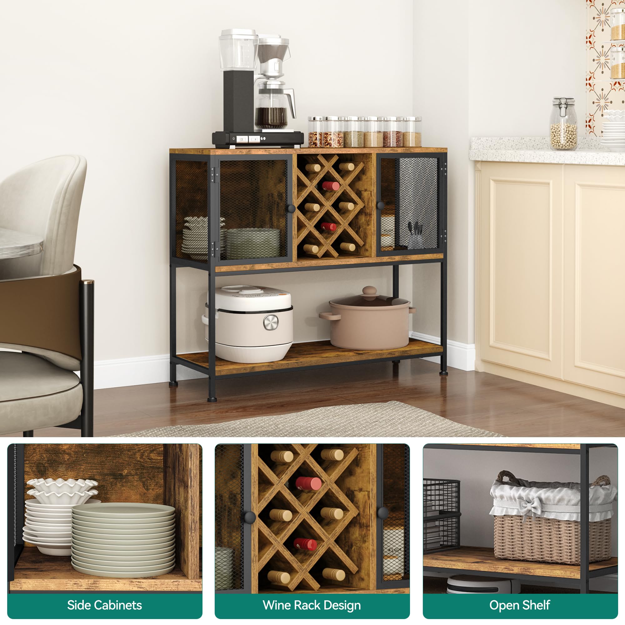 YITAHOME Gabinetes de Cocina con Soporte para Vino, aparador de Almacenamiento, gabinete de Vino Buffet, aparadores para Sala de Estar, armarios de Comedor, aparadores con 2 Puertas 100 x 85 x 35 cm