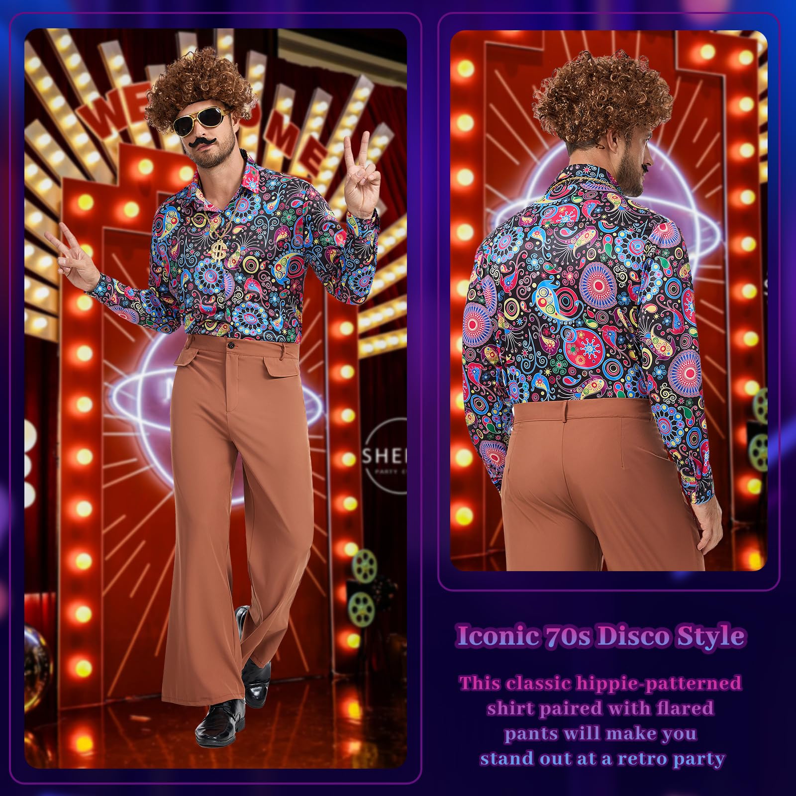 70er Jahre Disco Kostüm Herren, 7 Stücks 60s 70s Hippie Set