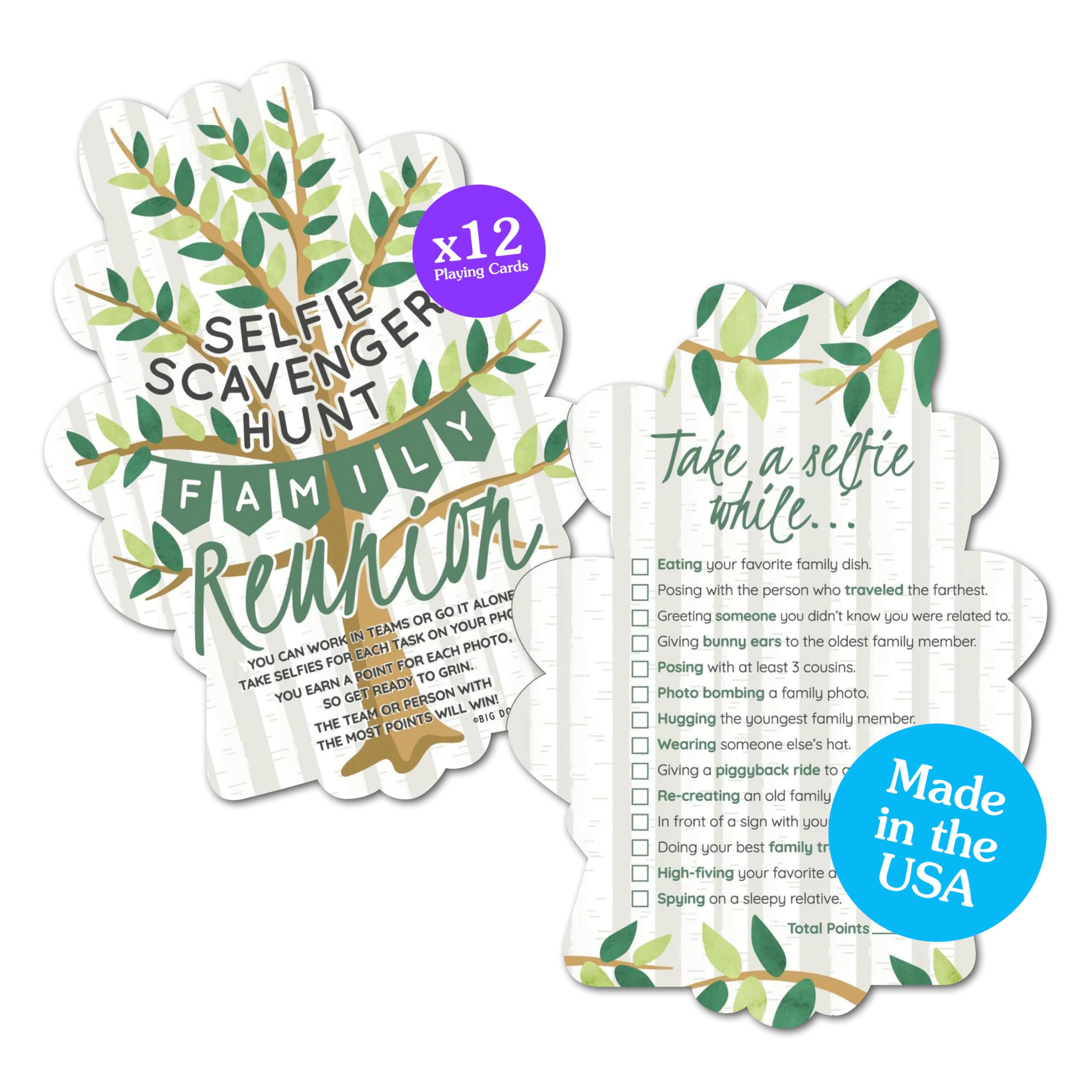 Big Dot of Happiness Tree-Shaped Family Reunion Selfie Scavenger Hunt Cards - Interactive Party Game, 12 Premium Cardstock Photo Challenge Cards