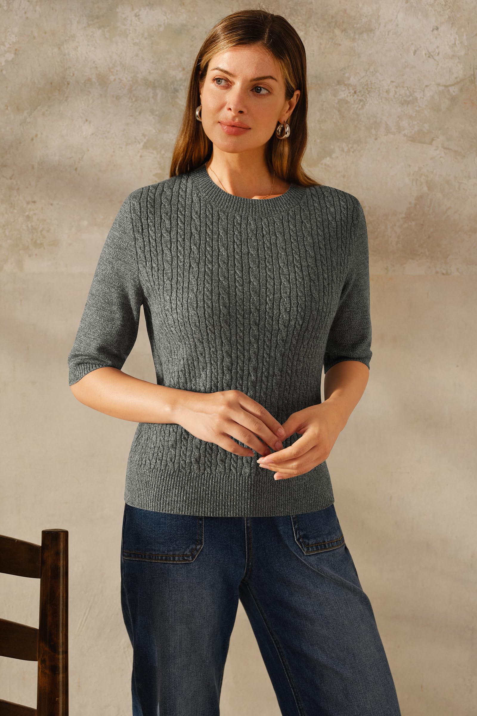 Arach&Cloz Maglioni da donna con maniche a gomito in maglia a trecce in misto lana vecchi 2025