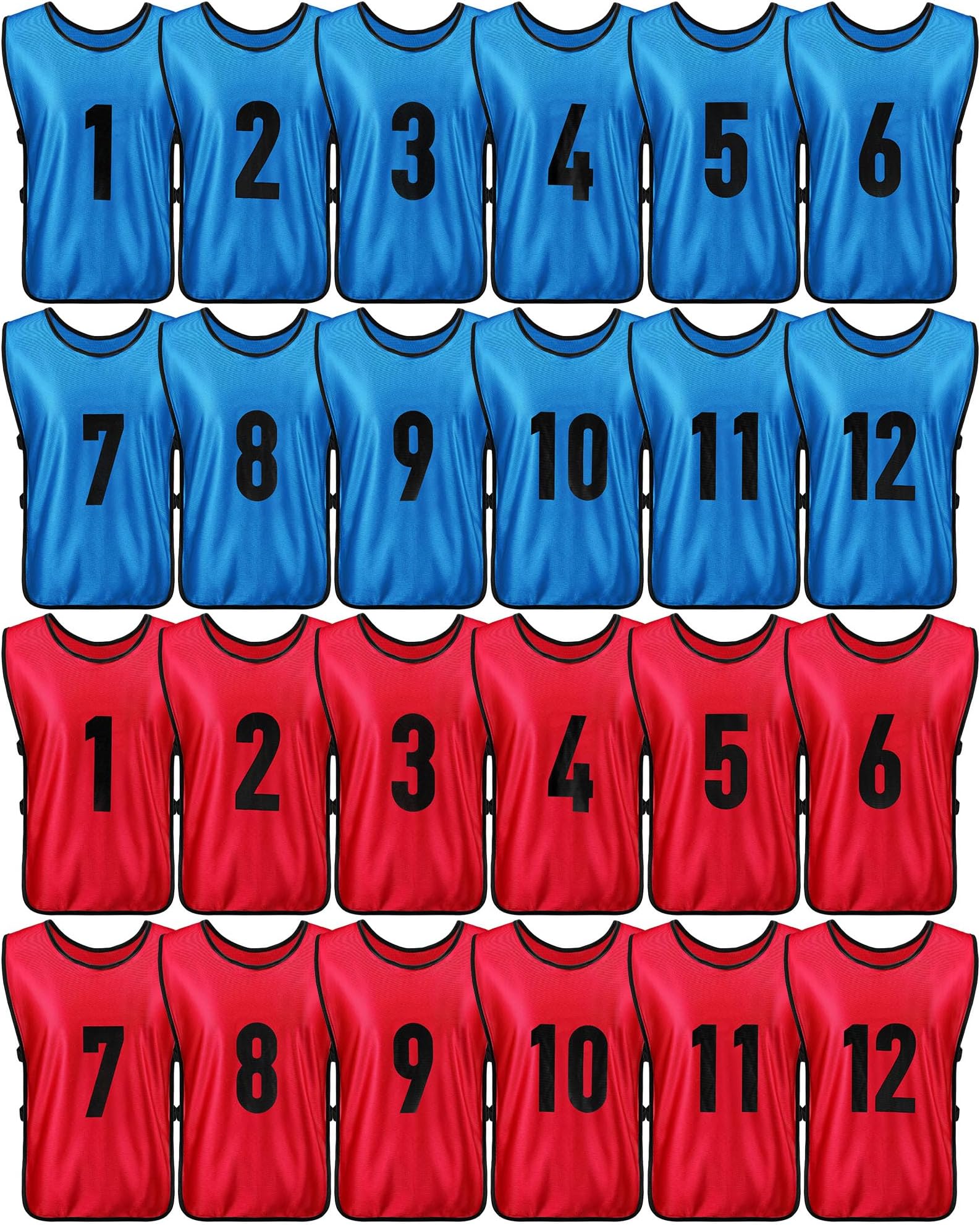 24 Pcs Sports Pinnies Soccer Scrimmage Practice Vests Numbered Soccer Team Pennies with Belt for Adult
