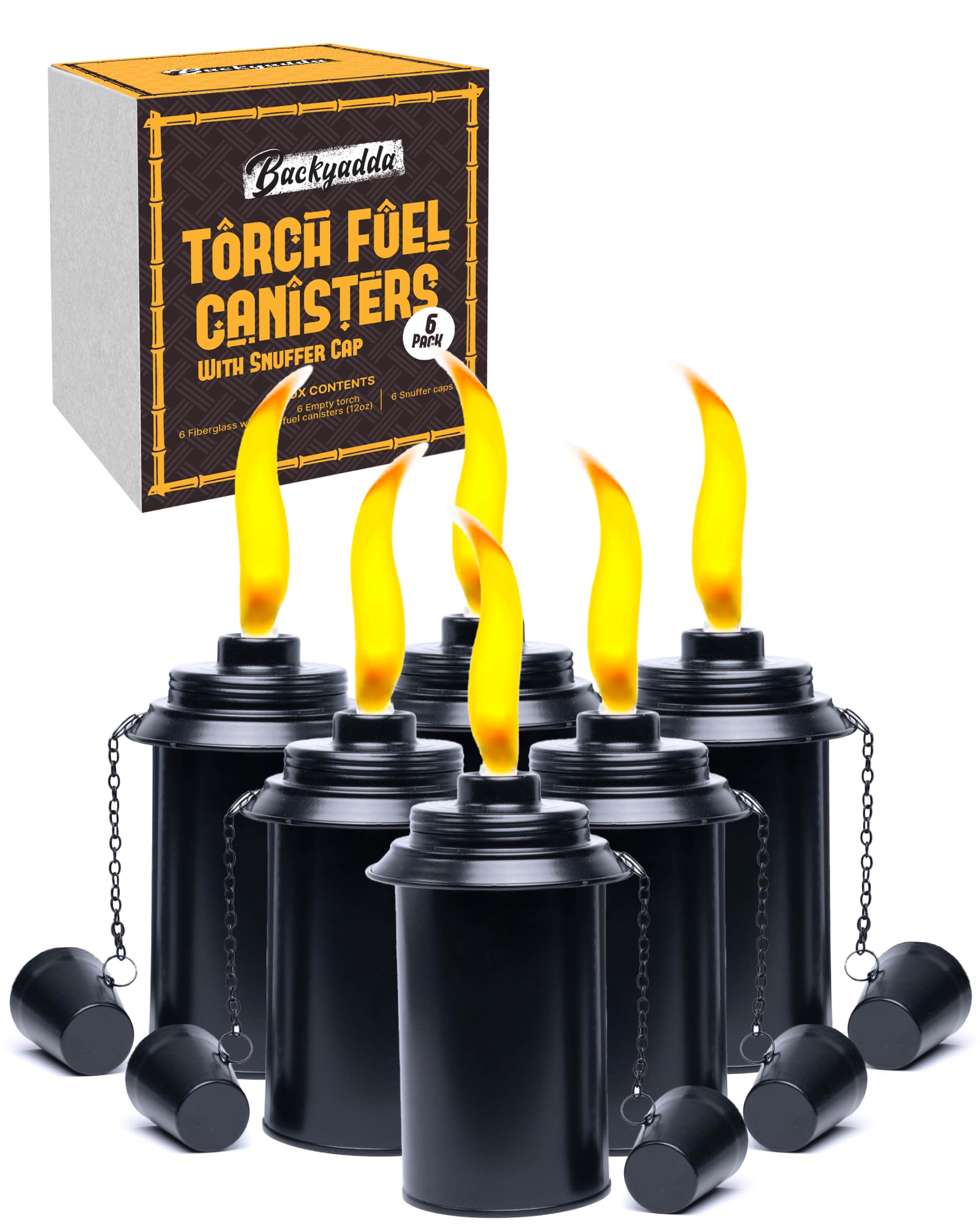 Backyadda Torch Replacement Canisters (12 oz). Compatible with Tiki Torches. Easy Fill Opening. 6-Pack Standard Metal (With Caps)