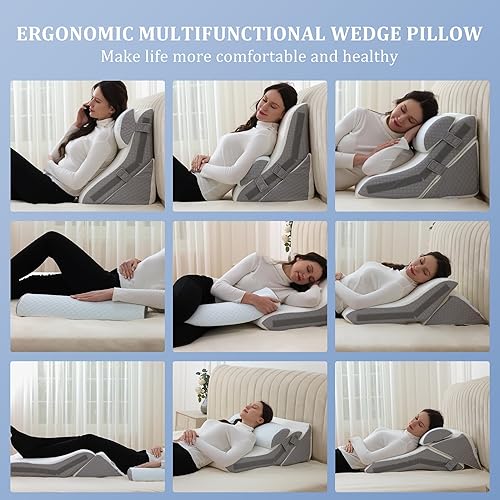 Miniatura 3 de Juego de almohadas ortopédicas de cuña para dormir, 9, 12, 16 y 20 pulgadas, almohada de lectura de espuma viscoelástica ajustable para alivio del