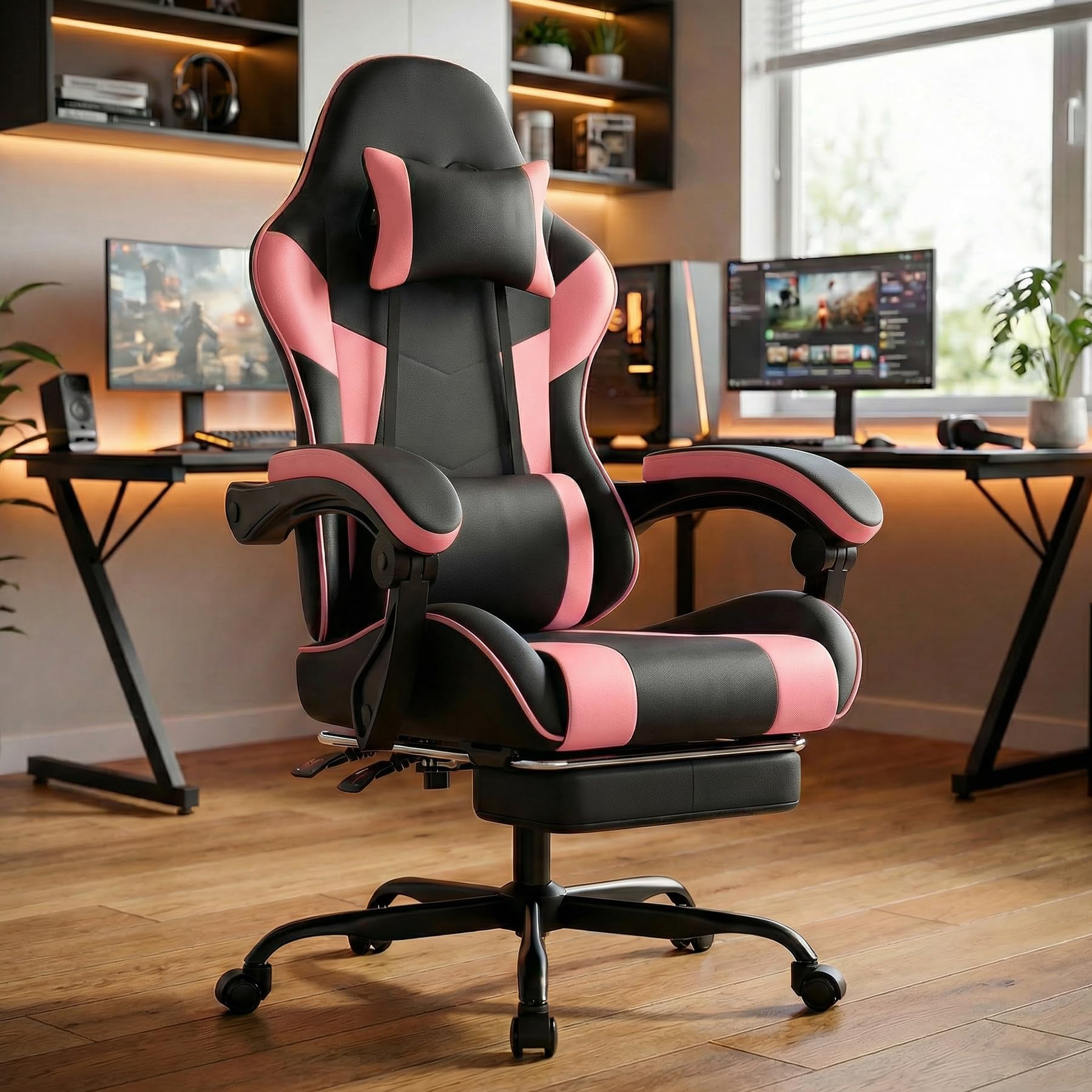 Silla para videojuegos, ergonómica con reposapiés, silla de gaming, reposabrazos ajustables, silla de oficina ergonómica con soporte lumbar, negro/gris (negro-rosa)