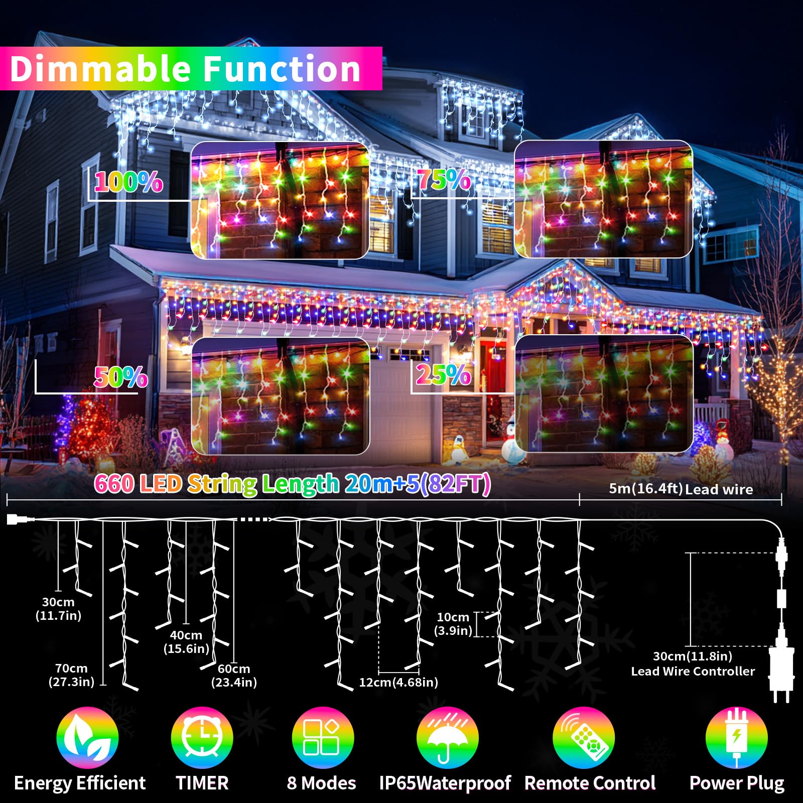 3 IN1 Luci di Natale da Esterno, 20m+5m 660LED Luci Natalizie da Esterno Cascata con Telecomando Timer 8 Modalità, IP65 Impermeabile Luci di Natale per Bordo Tetto Balcone Natalizia