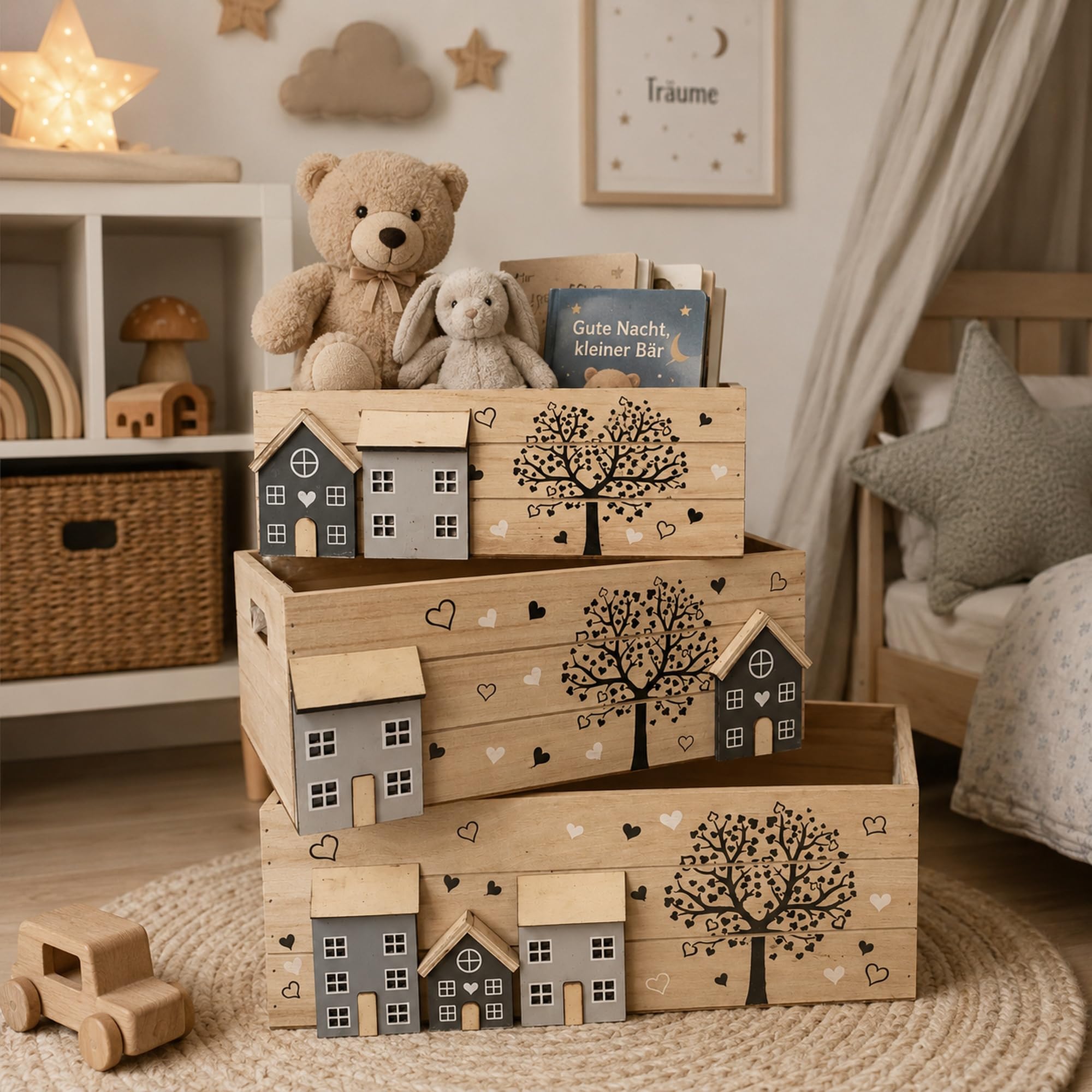 Set di 3 casse in legno UNUS come scatole portaoggetti, scatole decorative, scatole organizzatrici con manici