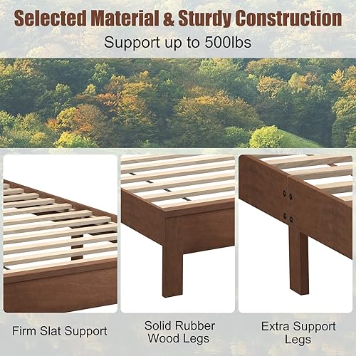 Miniatura 7 de KOMFOTT Base de cama de madera de tamaño individual con cabecero, plataforma de madera de mediados de siglo con soporte de listones y almacenamiento