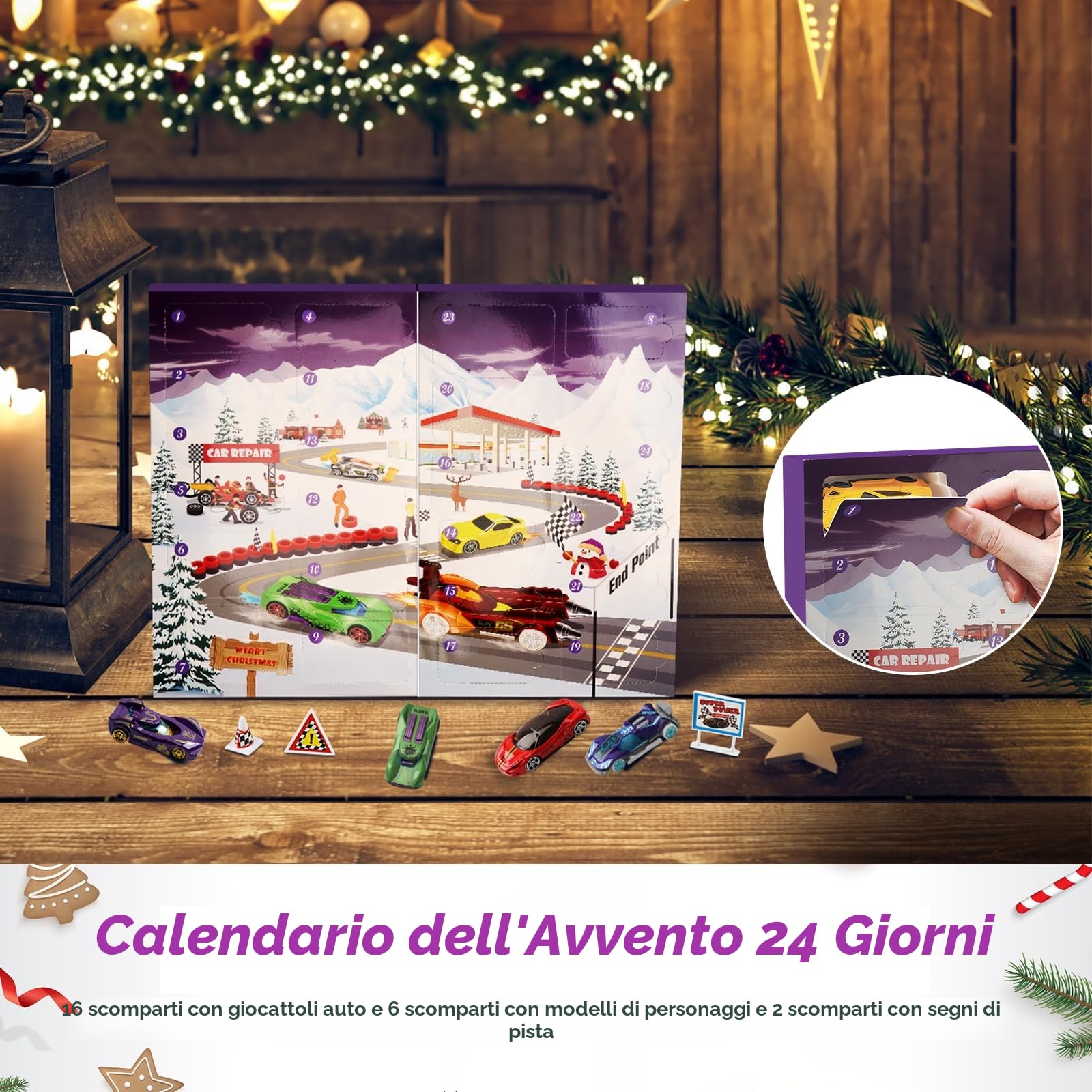 Calendario Avvento 2025, Calendario dell'Avvento per Bambini 3-12 Anni, Calendario per il Conto alla Rovescia di 24 Giorni Natale Regalo con 16 Macchinine, Mappa e 6 Personaggi dei Cartoni Animati