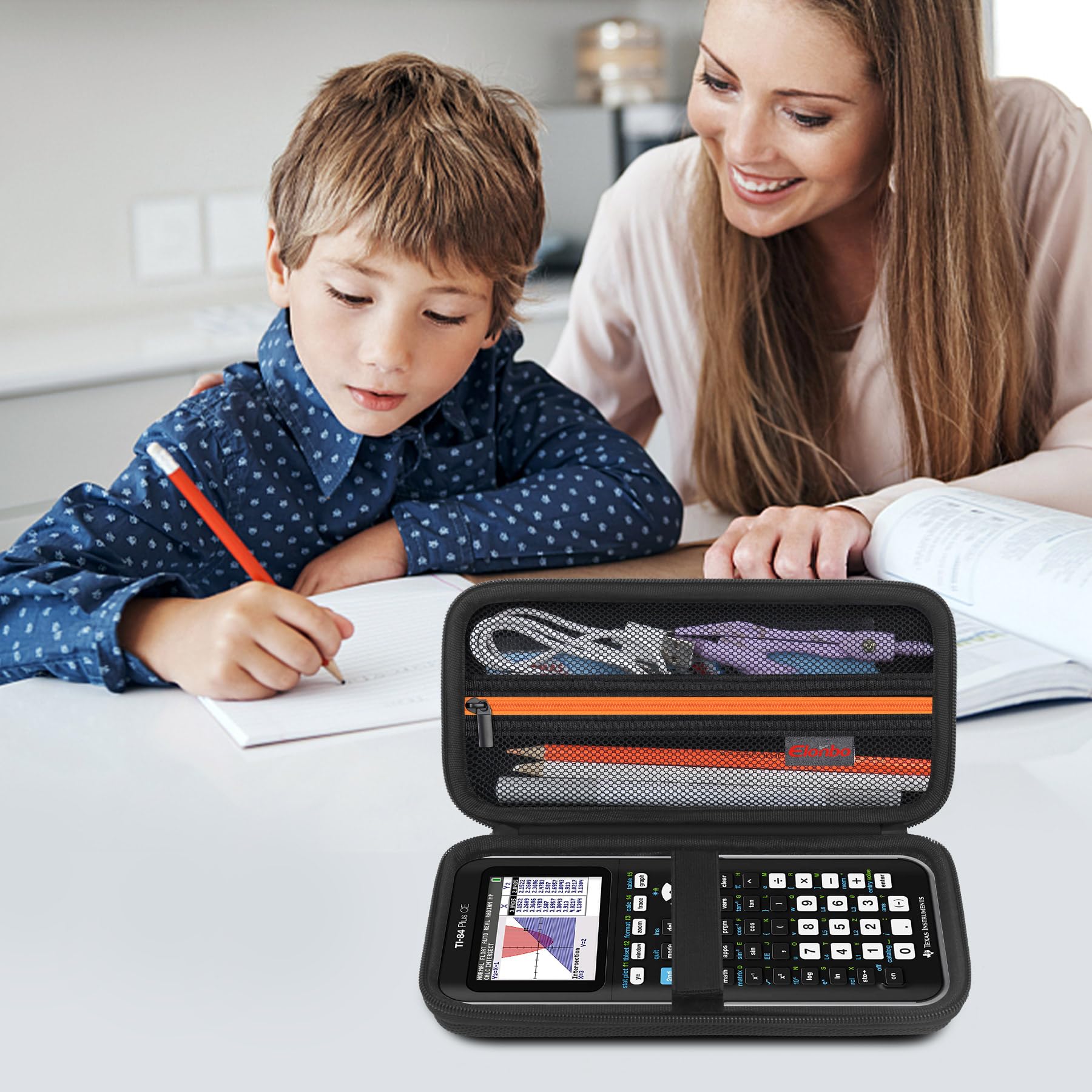 Elonbo Custodia per la calcolatrice grafica a colori Texas Instruments TI-84 Plus CE/TI-84 Plus/TI-83 Plus CE/Casio fx-9750GII, tasca extra in rete per cavo di ricarica, caricatore, manuale, nero