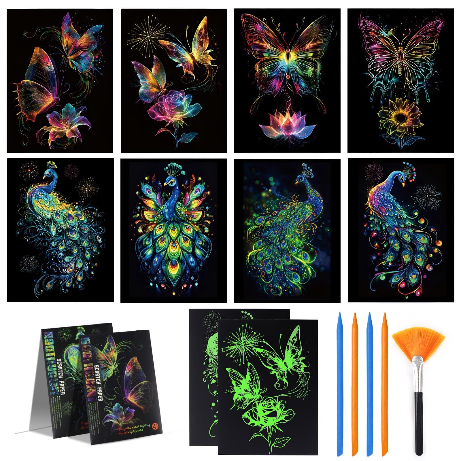 GLGHMH 13pcs Rainbow Scratch Cards for Adults, Glow in the Dark Scratch Art