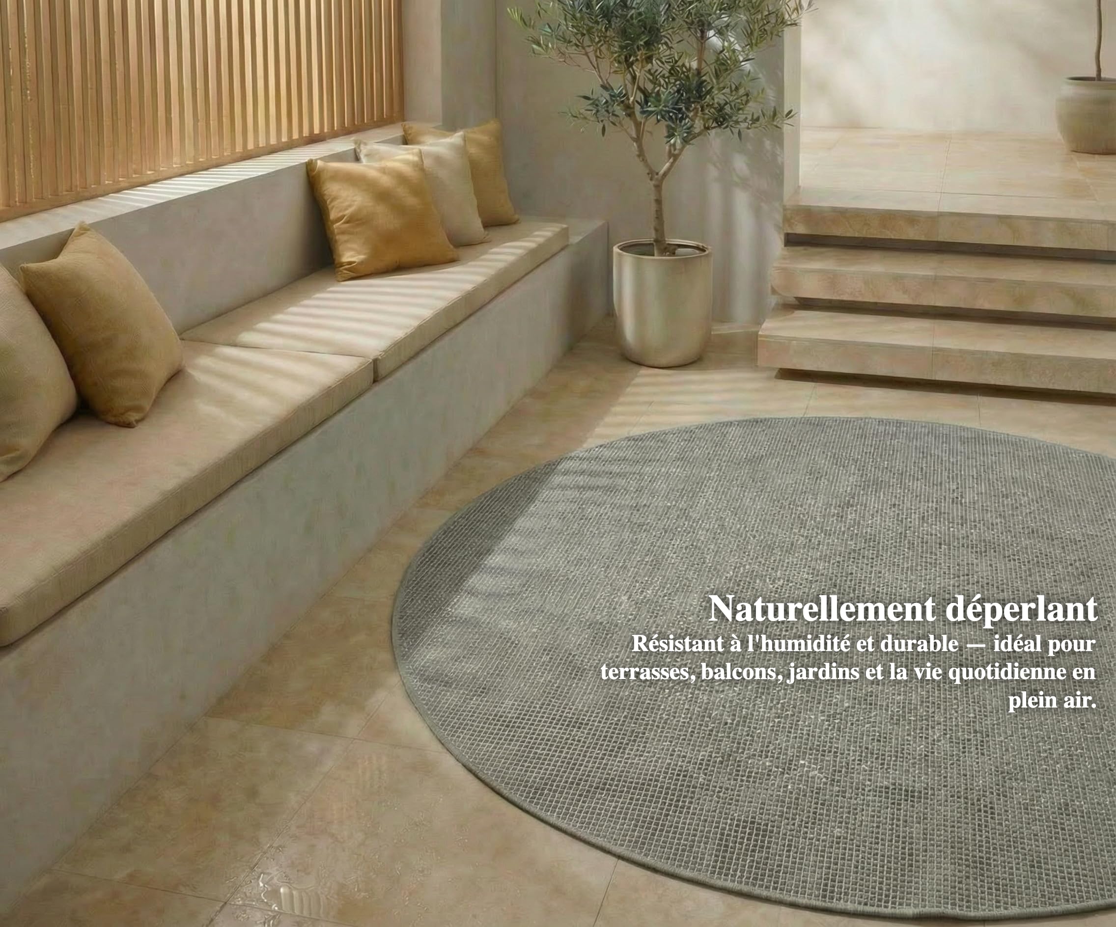 Jimri Tapis d'intérieur et d'extérieur – Tapis résistant aux intempéries pour Balcon, terrasse, Jardin, Cuisine - résistant aux Rayons UV et à l'eau - 120 cm Rond, Argenté