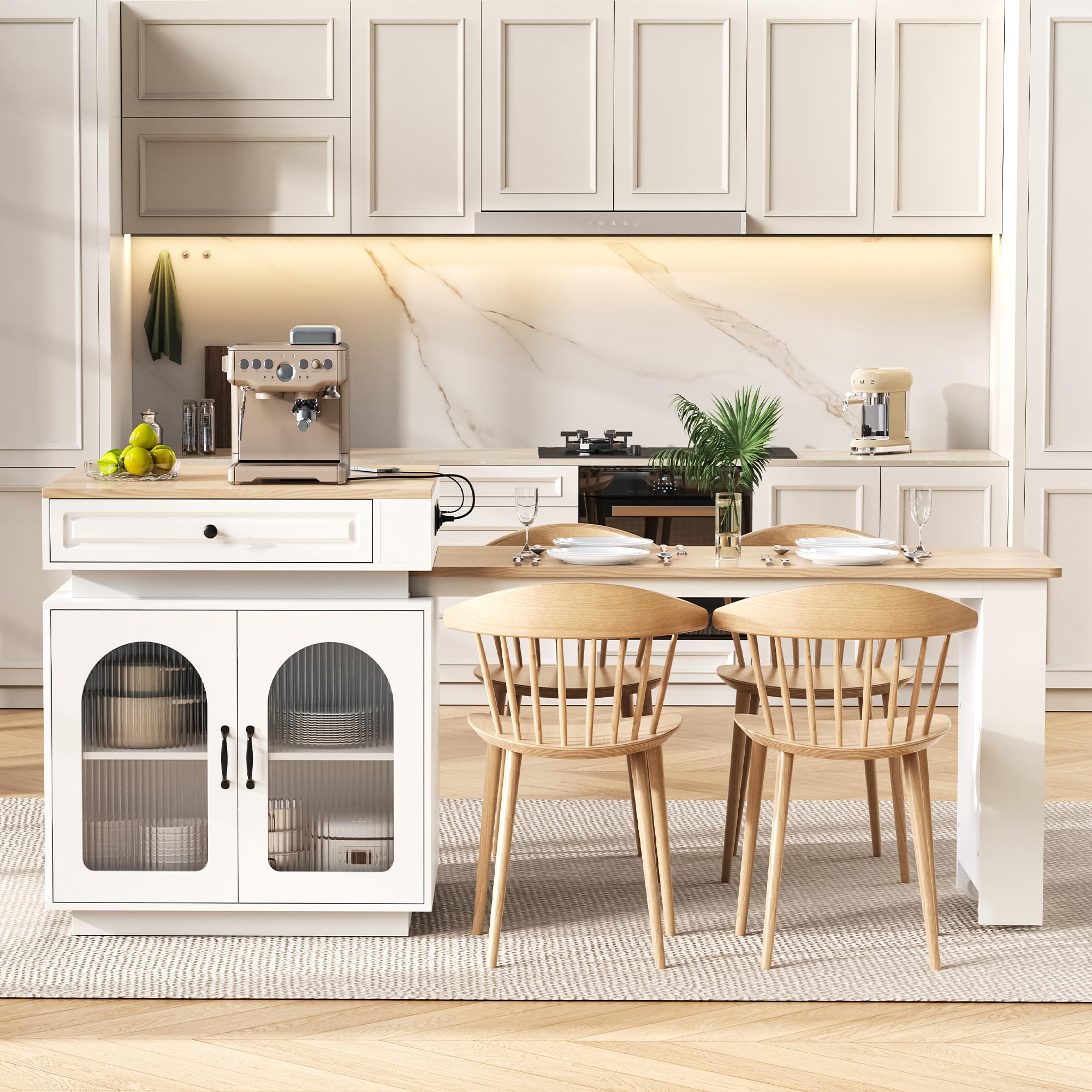 Tavolo da pranzo convertibile a isola su ruote, allungabile, a LED, con barra a strisce elettriche, versatile credenza bianca per cucina e sala da pranzo, mobili salvaspazio