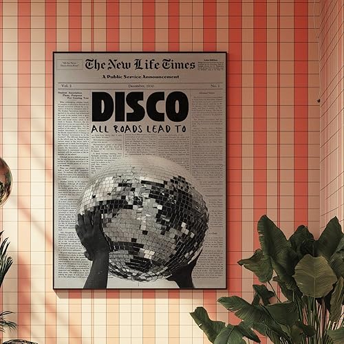 Miniatura 2 de Disco Ball Newspaper Print Retro 70s Wall Art framed poster featuring a mirrored disco ball over a vintage newspaper design for living room bedroom