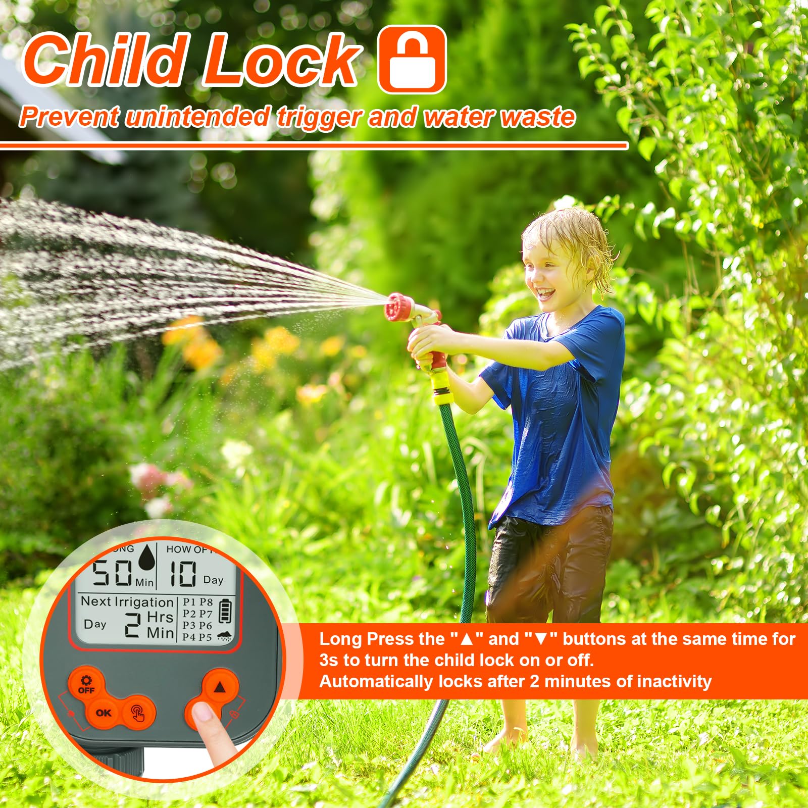 Programmateur Arrosage Automatique Manuel, Retard de Pluie Minuterie d'arrosage, 8 programmes Grand Écran LCD, Verrouillage Enfant, IPX5 Imperméable pour Balcon Jardin Parterre Ferme Extérieur