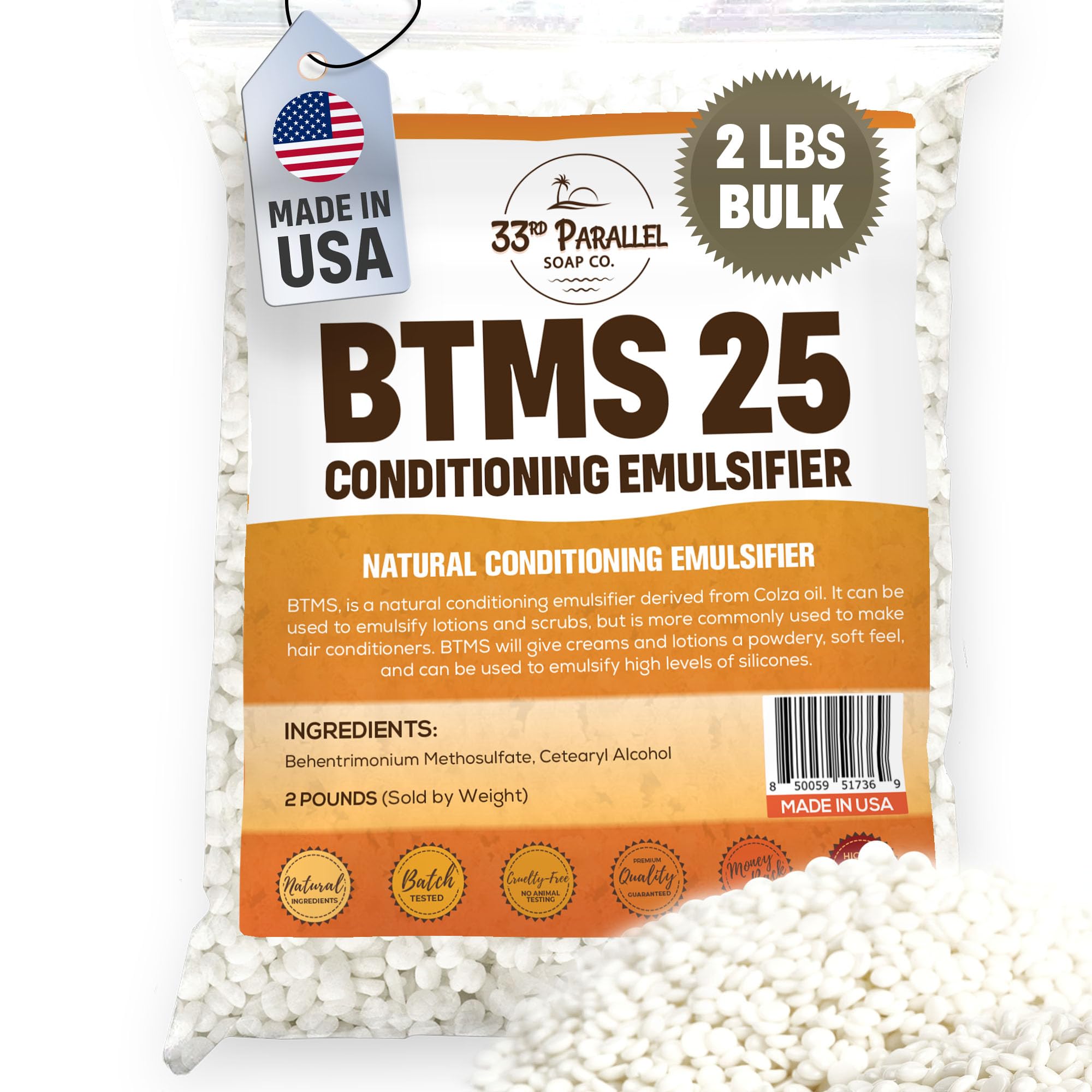 33RD PARALLEL | BTMS 25 (2 lbs / 32 oz) Bulk Conditioning Emulsifier | Behentrimonium Methosulfate Cetearyl Alcohol Emulsifying Conditioner | (2