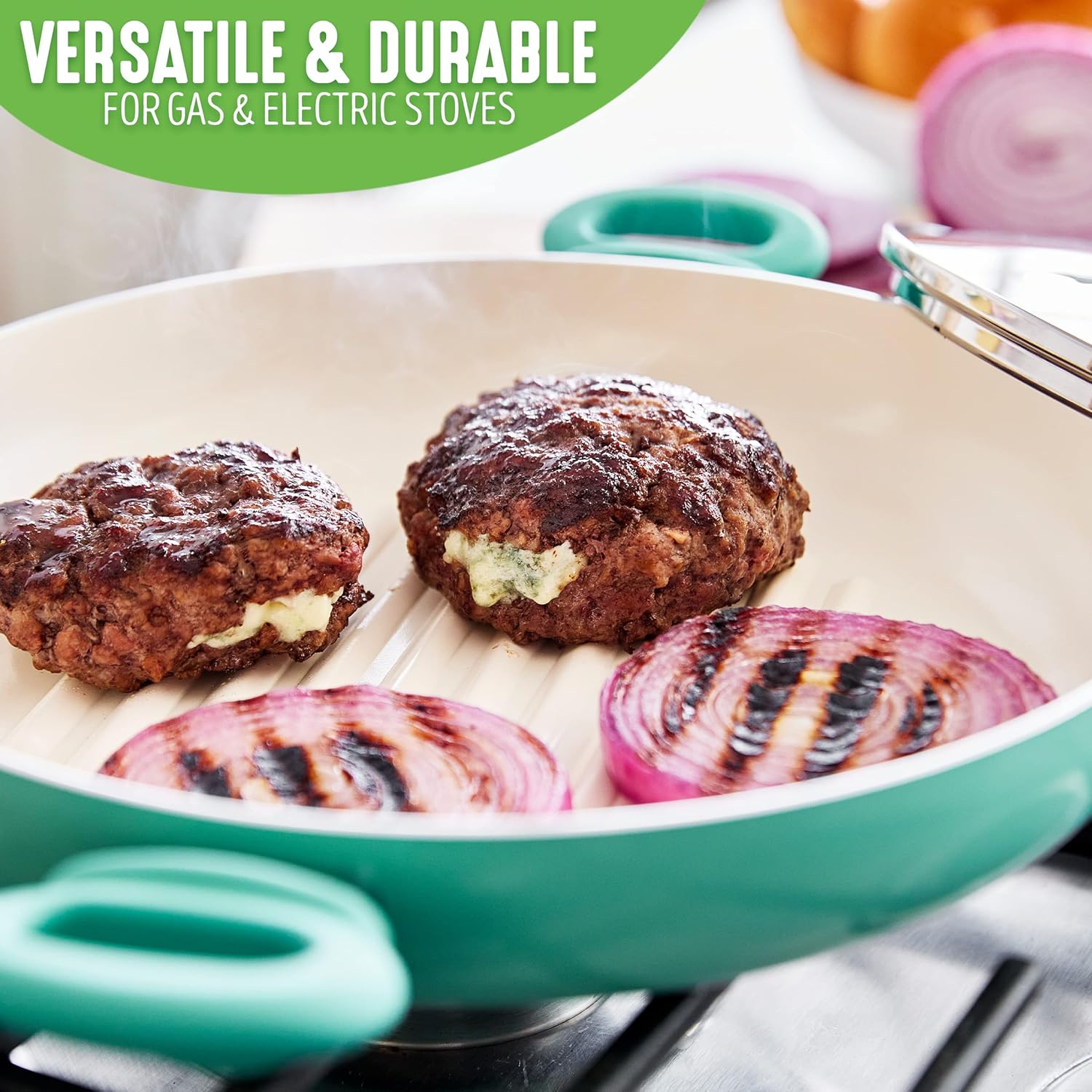 GreenLife 11” Healthy Ceramic Nonstick Grill Pan with 2 Handles and Lid, PFAS-Free, Rivetless Interior, Grill Ridges, Dishwasher Safe, Oven Safe, Turquoise