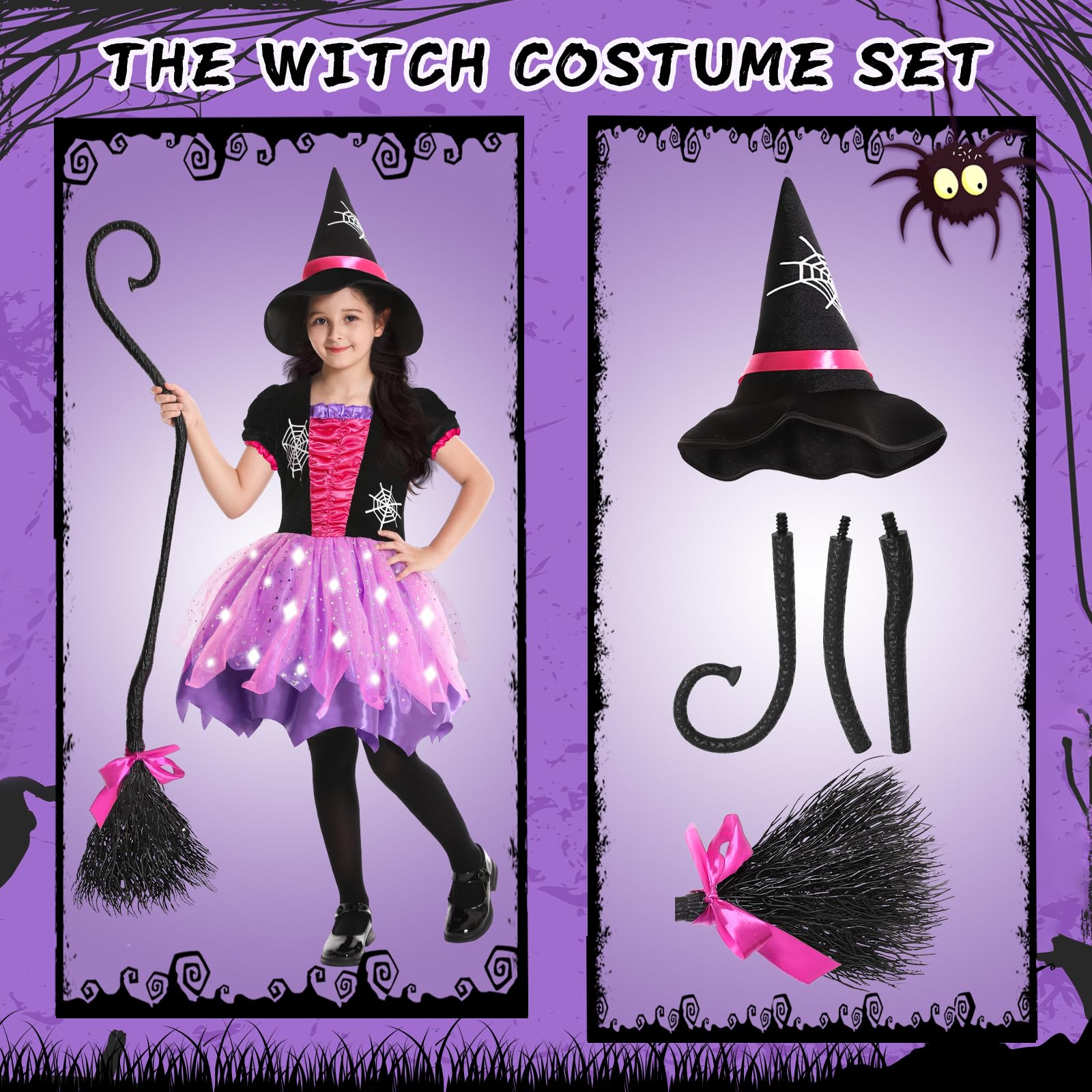 Halloween Witch Costume for Girls, Light Up Witch Dress with Hat and Broom, Toddler Witch Costumes for Role-Play Party (Small)