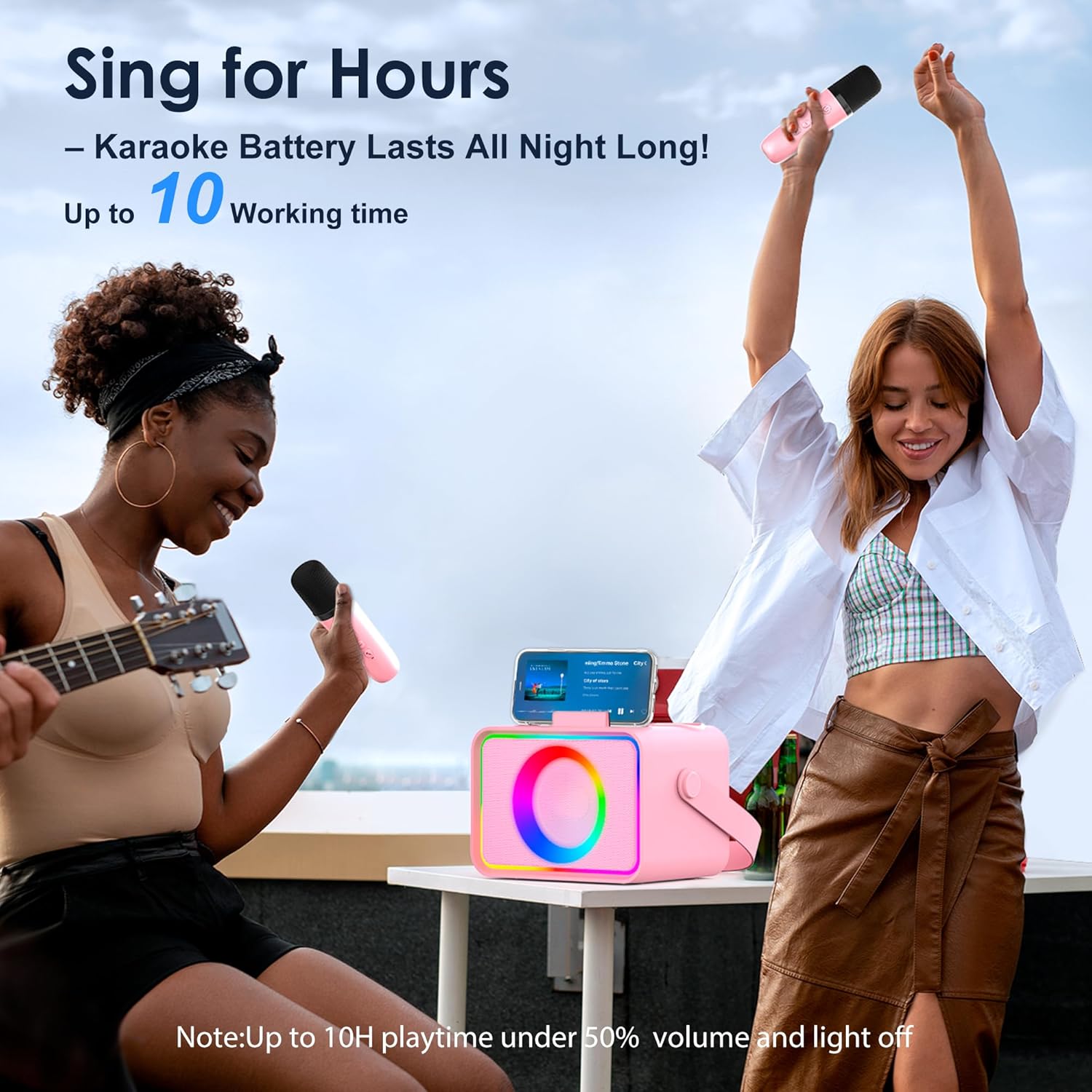 Karaoke Machine,Portable Bluetooth Speaker with 2 Wireless Microphone for Adults & Kids with LED Lights, Karaoke Microphone with PA System Supports USB/TF/AUX,Gift for Party (Pink)