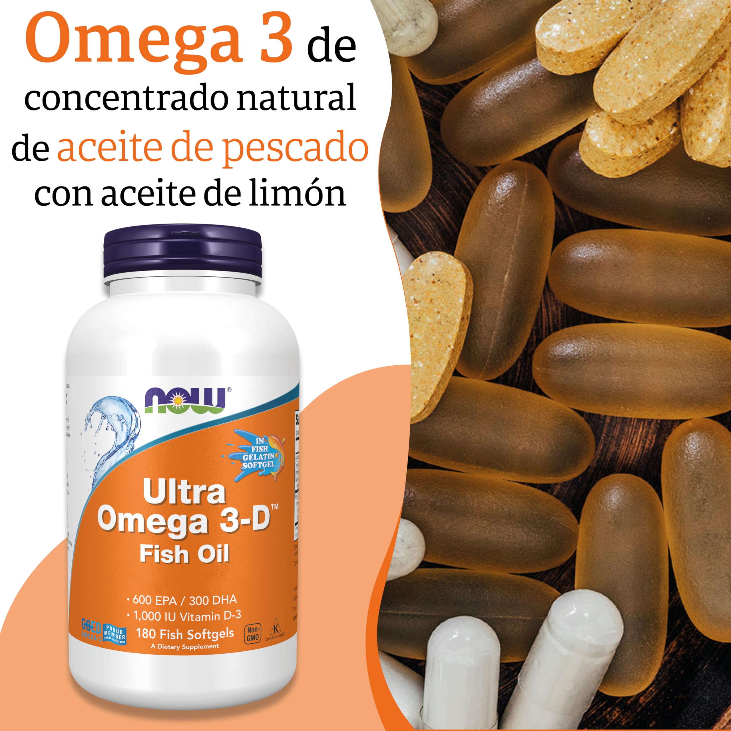 Now Foods, Ultra Omega 3-D Fish Oil (Aceite de Pescado), 180 Cápsulas blandas, Probado en Laboratorio, Sin Gluten, Sin Soja, No GMO