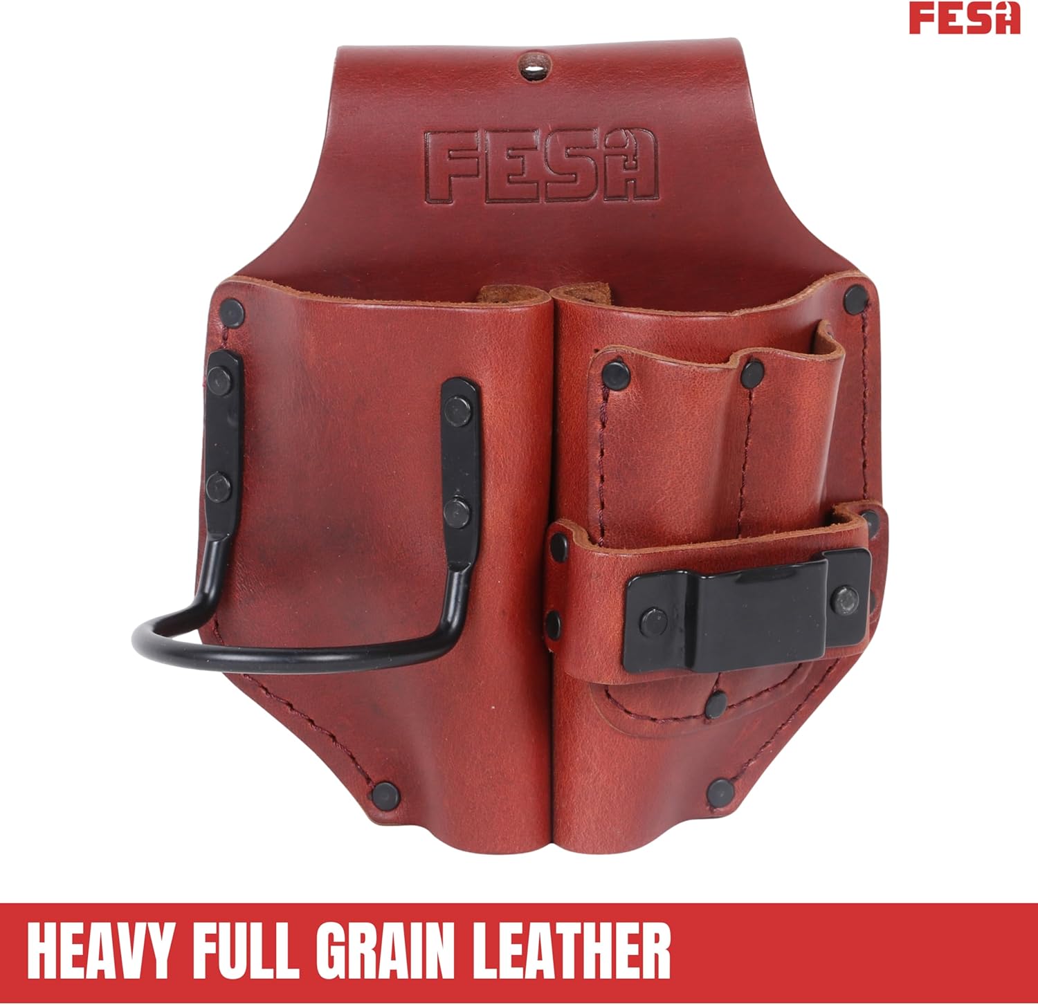 FESA Durable Leather Pliers Holster - Leather Double Plier Holder for Belt with Steel Hammer Holder, Tape Clip & 2 Carpenter's Pencil Pockets - Clip On Any Belt - Handcrafted