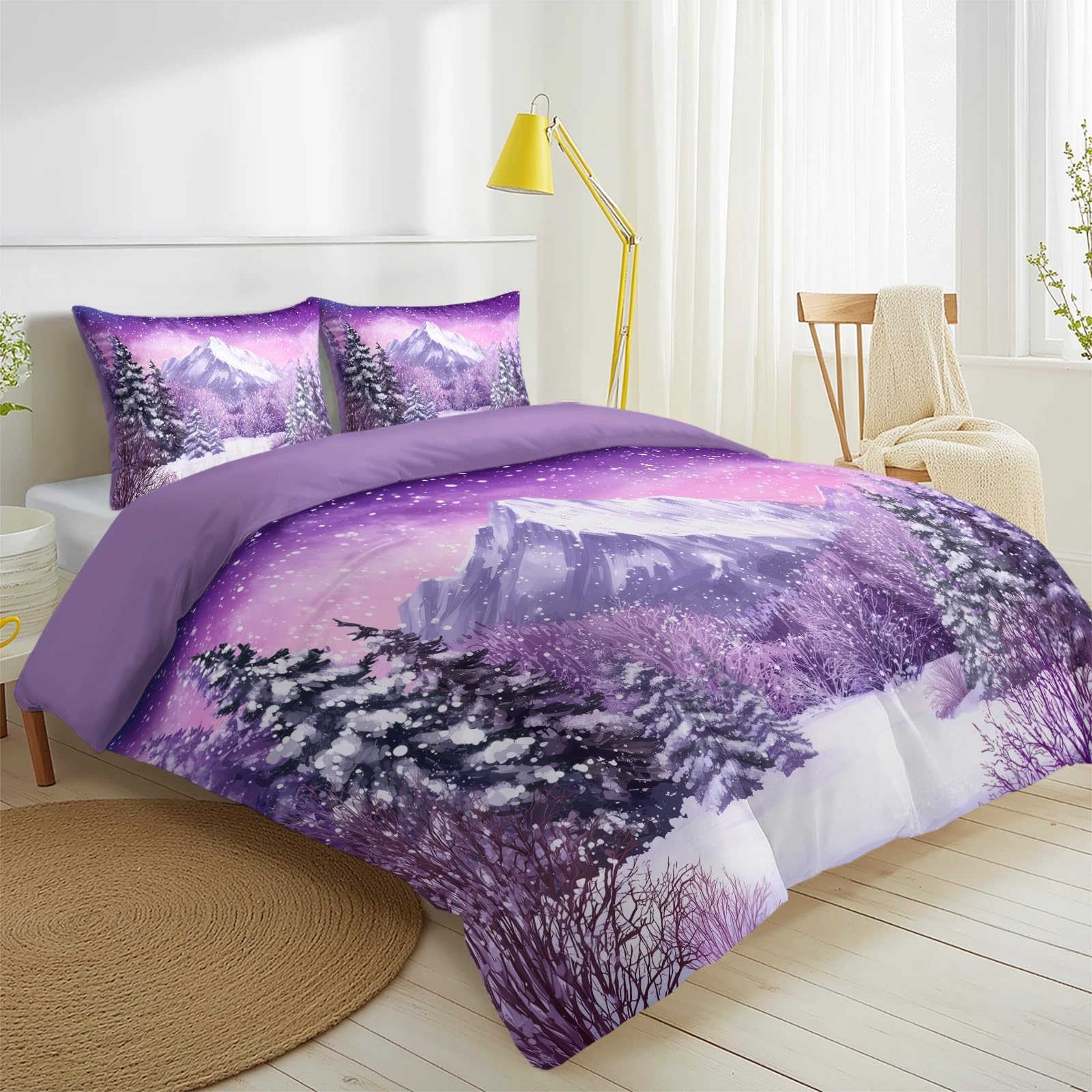 Générique Zimowy krajobraz Góra Śnieg Poszwa na kołdrę Marzycielski Góry Drzewa Zestaw Pościeli Zestaw Pościeli Dzieci Dorośli 260 x 240 cm z poszewką na poduszkę Miękka Dekoracja Sypialni, Fioletowy