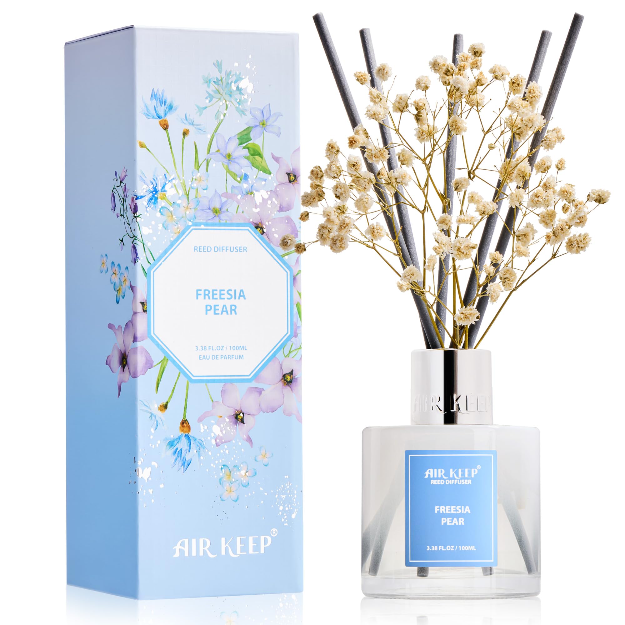 Airkeep Reed Diffuser Set,3.38 fl oz (100 ml) - Freesia Pear Oil Diffusers with 8 Reed Sticks, Home Fragrance Reed Diffuser for Bathroom Shelf Decor