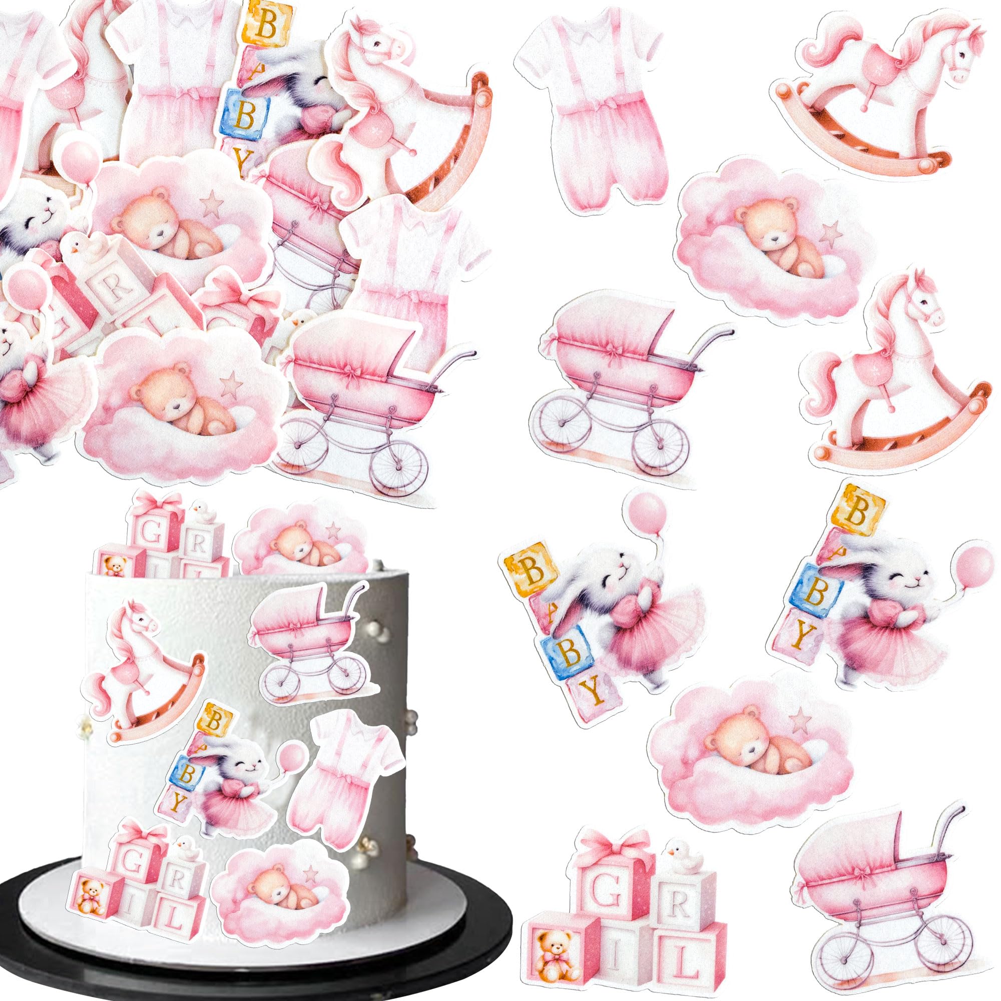 Ephlyn 48Pcs Edible Oh Baby Cupcake Toppers Pacifier Cloud Moon Star Welcome Baby Girl Cupcake Picks Wafer Paper It's a Girl Cake Decorations for Baby Shower Girls Birthday Party Supplies Pink