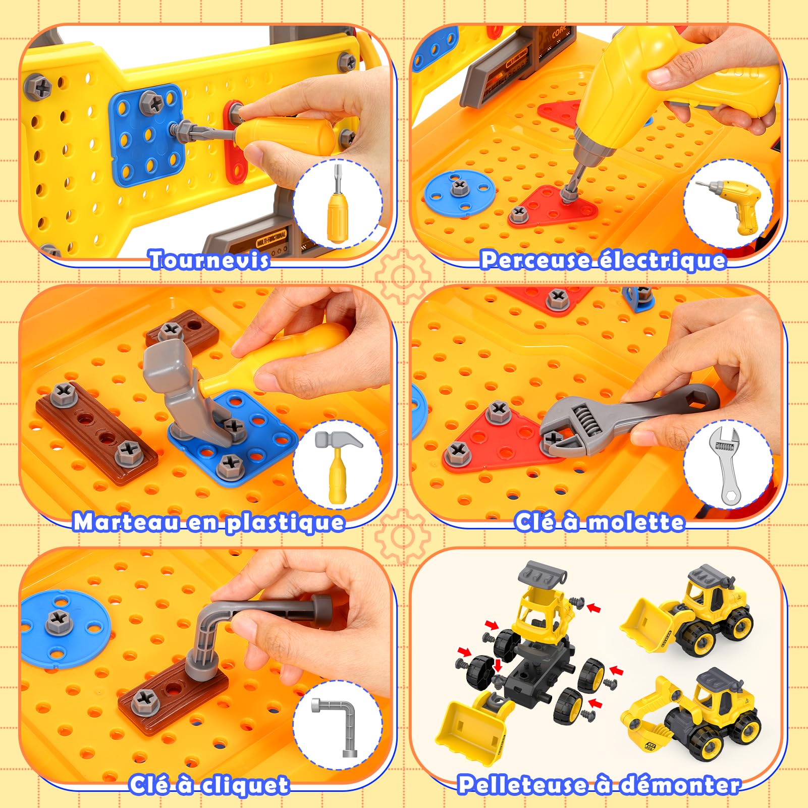 Jouet Garçon 3 4 5 Ans: Établi d'Outils Enfants avec Perceuse Électrique Réaliste, Véhicules de Construction à Démontrer & Costume, Jouets STEM 3-5 Ans, Cadeau d'anniversaire pour Filles et Garçons