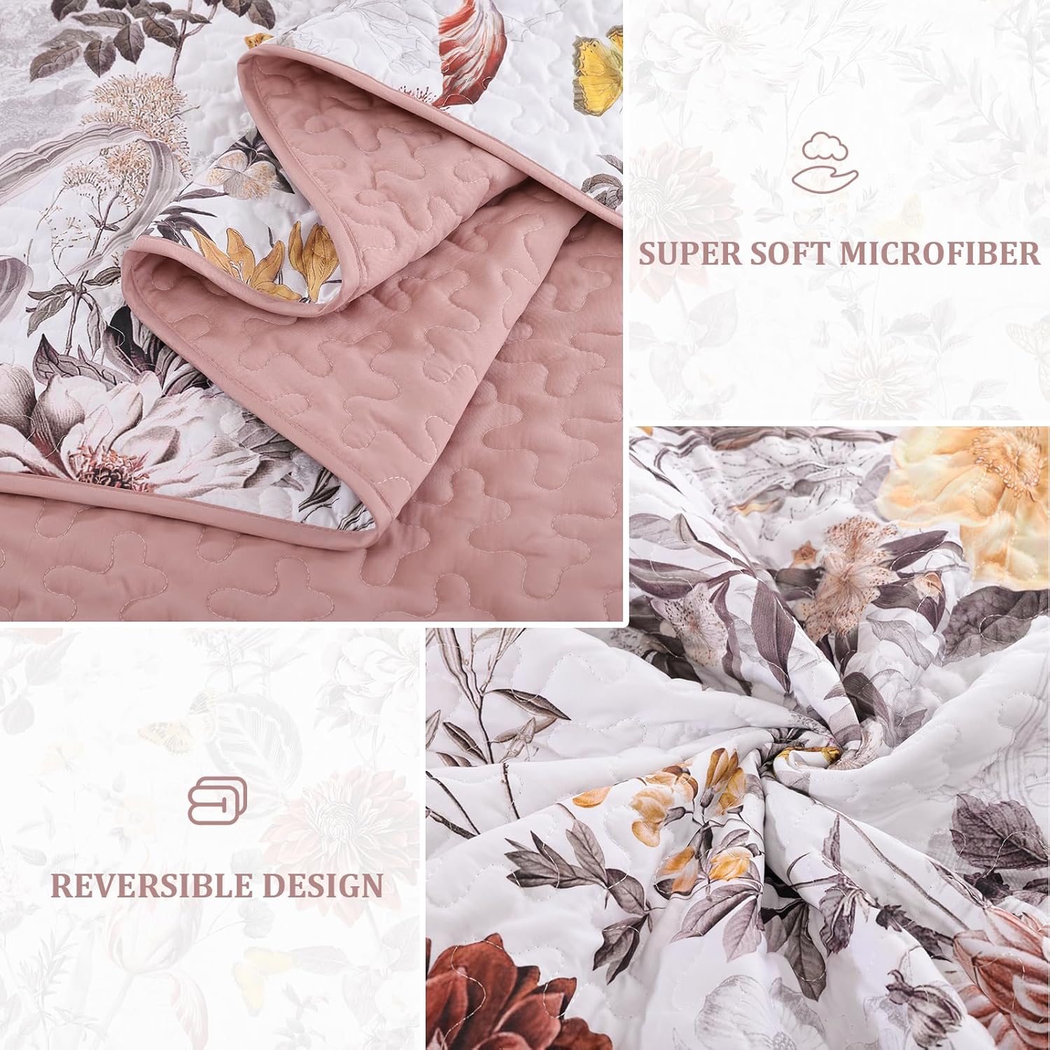 Anibedding 3 Pieces Quilt Set Queen Size, Pink Floral Reversible Bedspread Coverlet Set, Soft Microfiber Lightweight Bed Cover for All Season (96"x90", 1 Quilt+ 2 Pillow Shams)