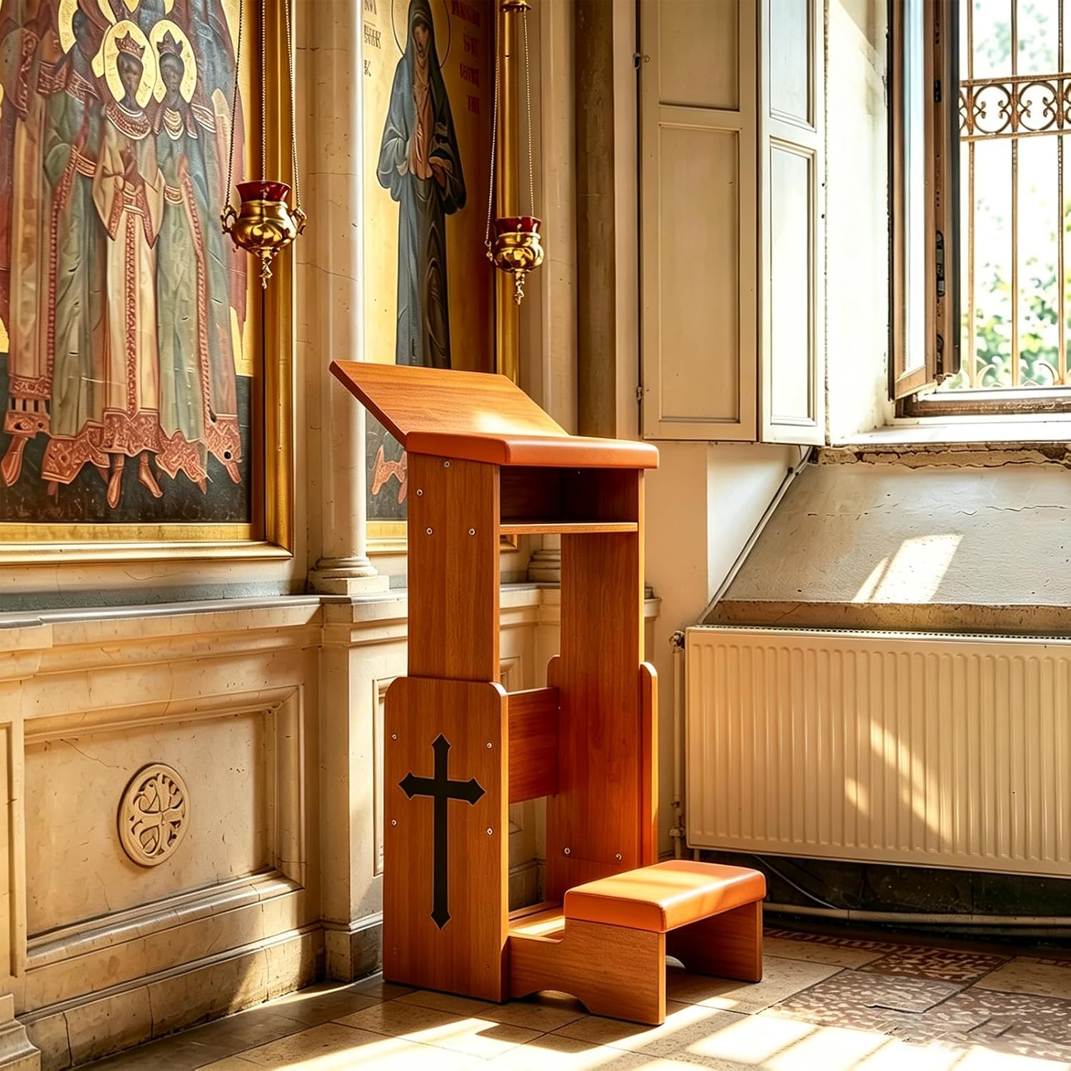 Wooden Prayer Bench, Folding and Adjustable Prayer Kneeler | 33.07 x 20.07 x 24.4 in with a storage shelf, suitable for churches and chapels